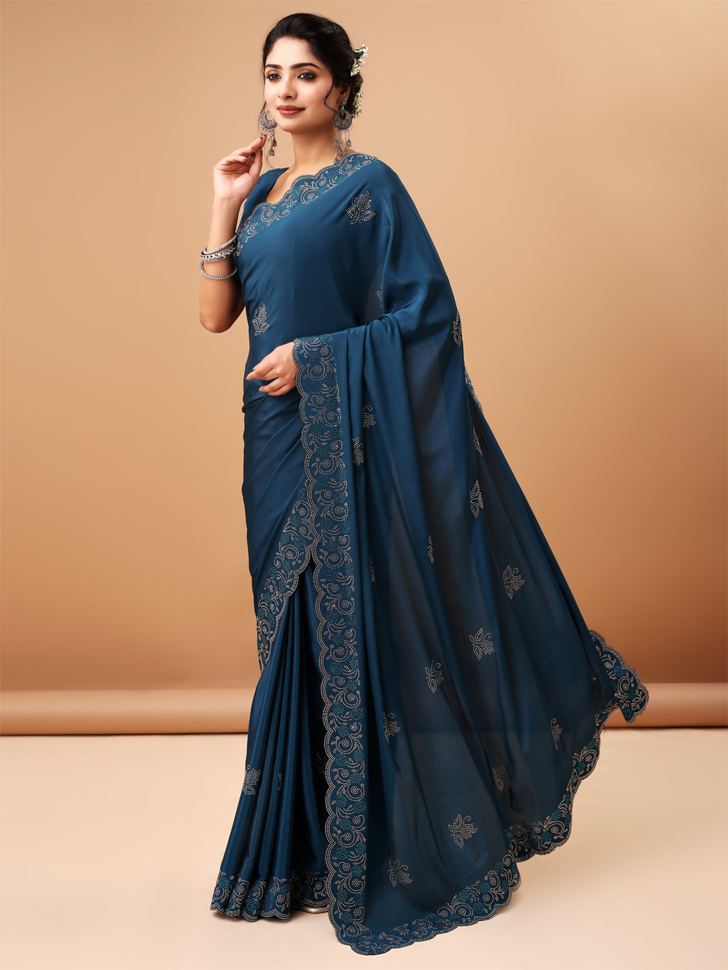 Air Force Blue Metallic Silk Saree With Unstitched Blouse For Women