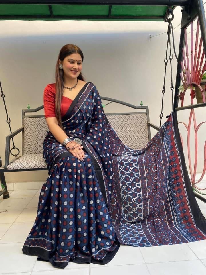 Navy Blue Traditional Ajrakh Print Soft Chaderi Silk Saree