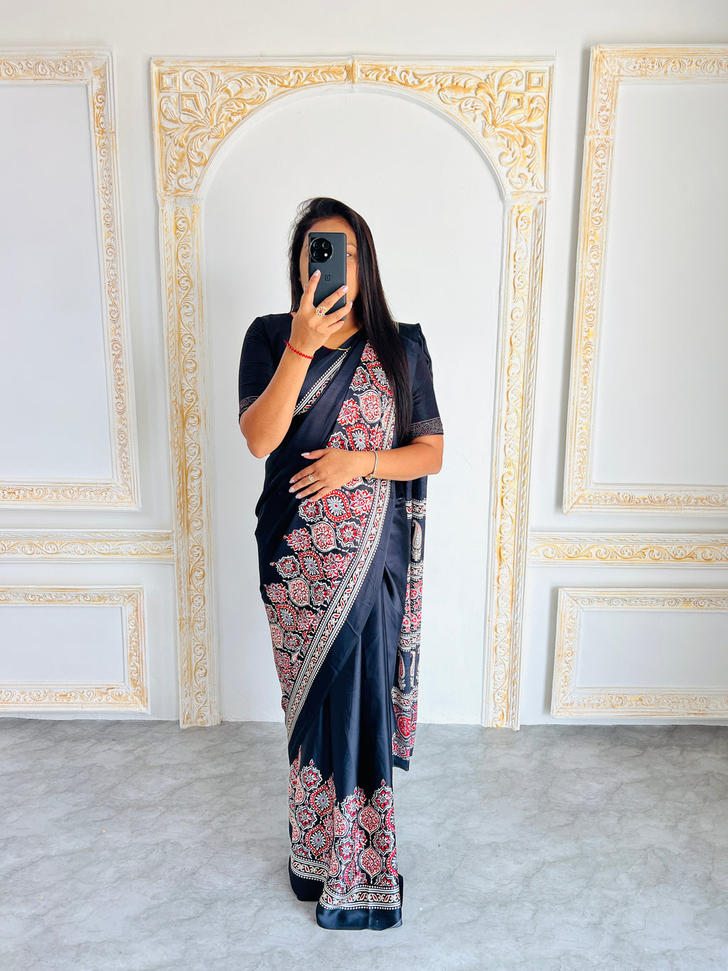 Elegant Black Ajrakh Print Semi Gajji Saree with Traditional Handcrafted Look