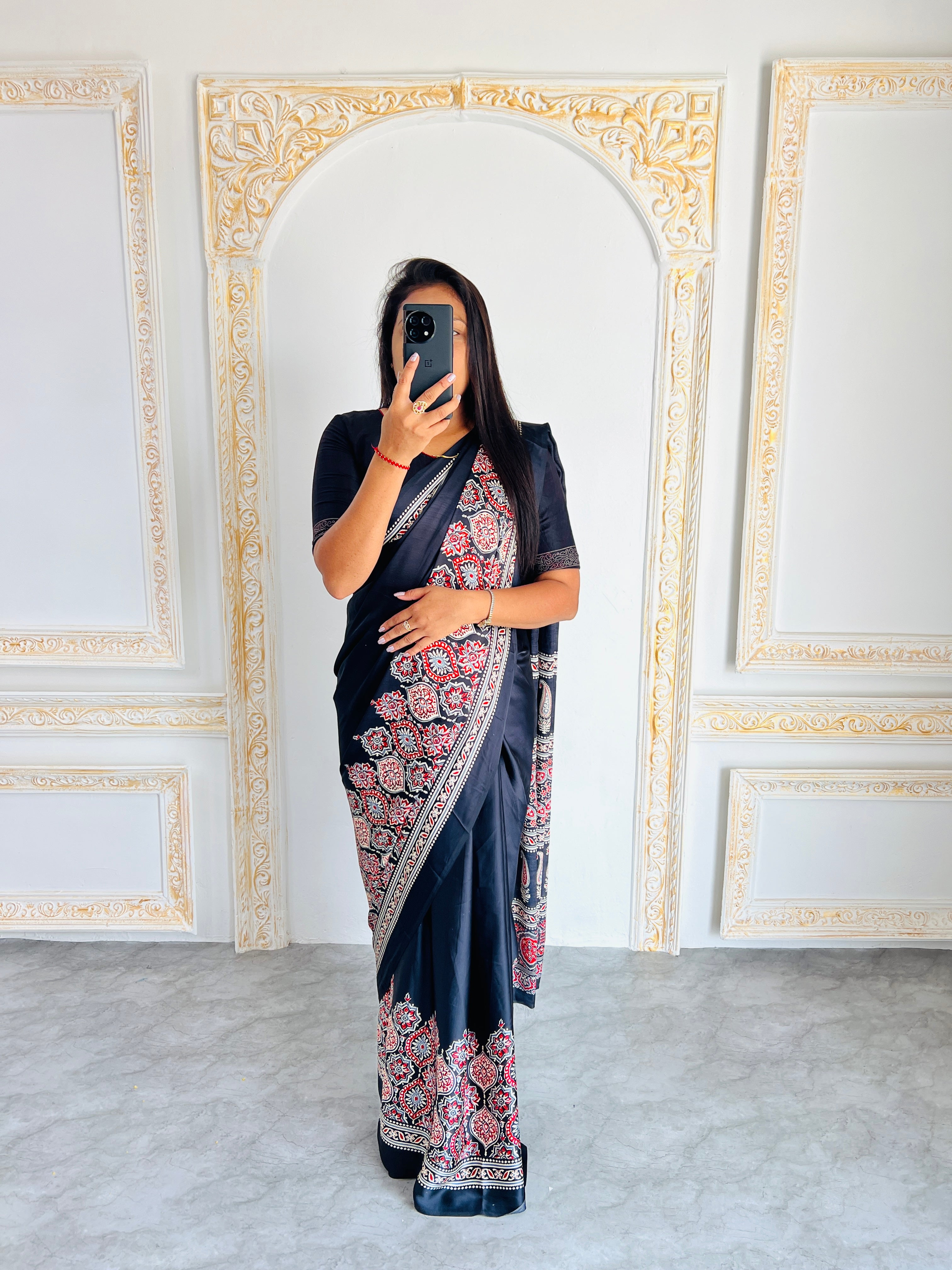 Elegant Black Ajrakh Print Semi Gajji Saree with Traditional Handcrafted Look