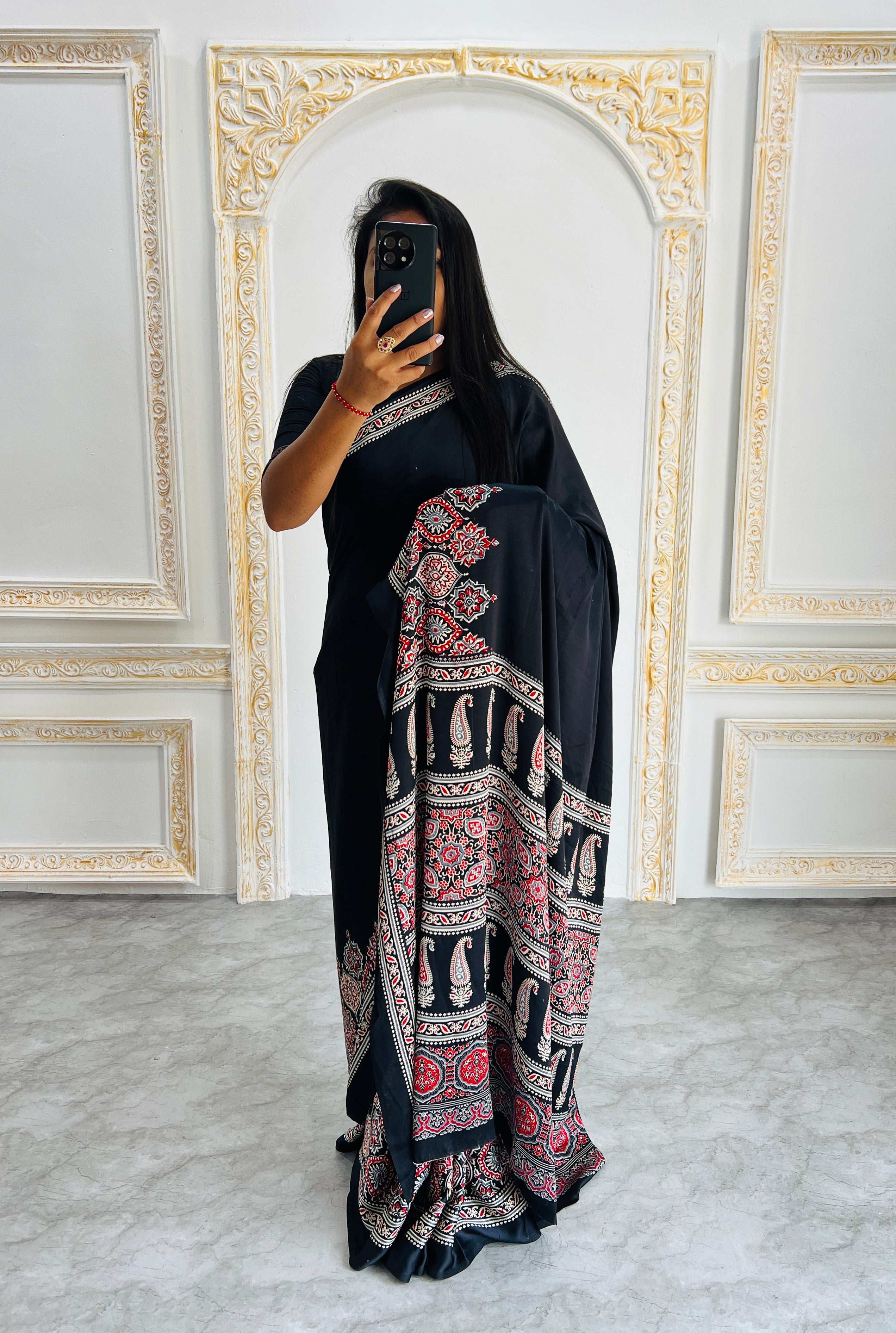 Elegant Black Ajrakh Print Semi Gajji Saree with Traditional Handcrafted Look