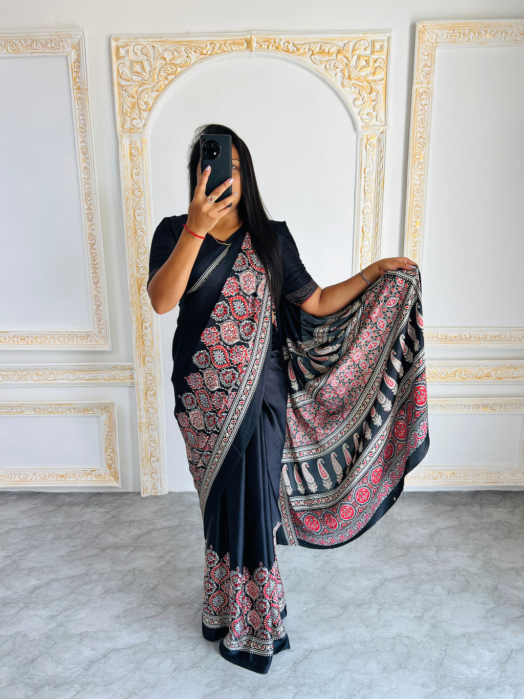 Elegant Black Ajrakh Print Semi Gajji Saree with Traditional Handcrafted Look