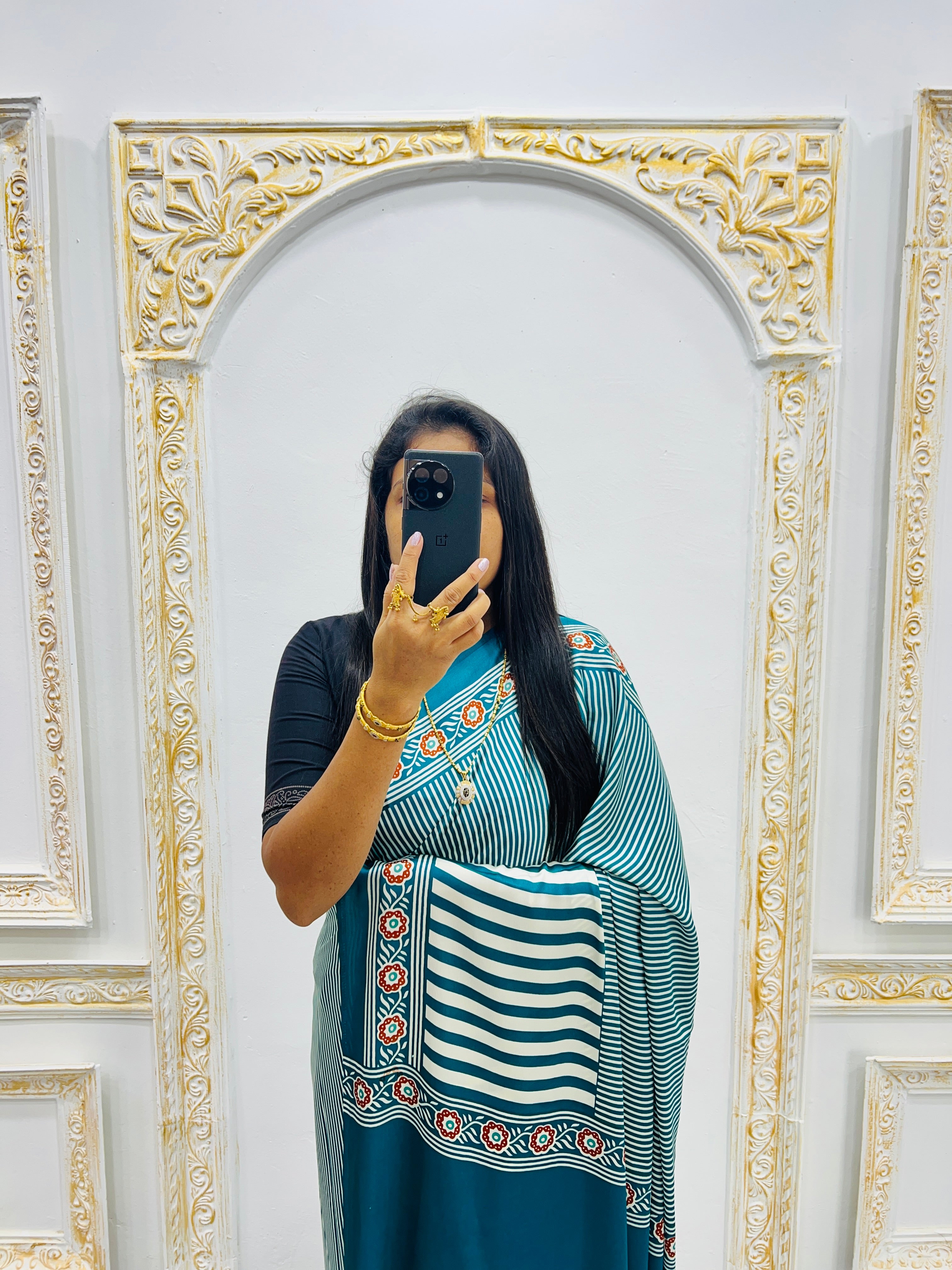 Teal Blue Designer Saree with Stripes and Bold Circular Print Border