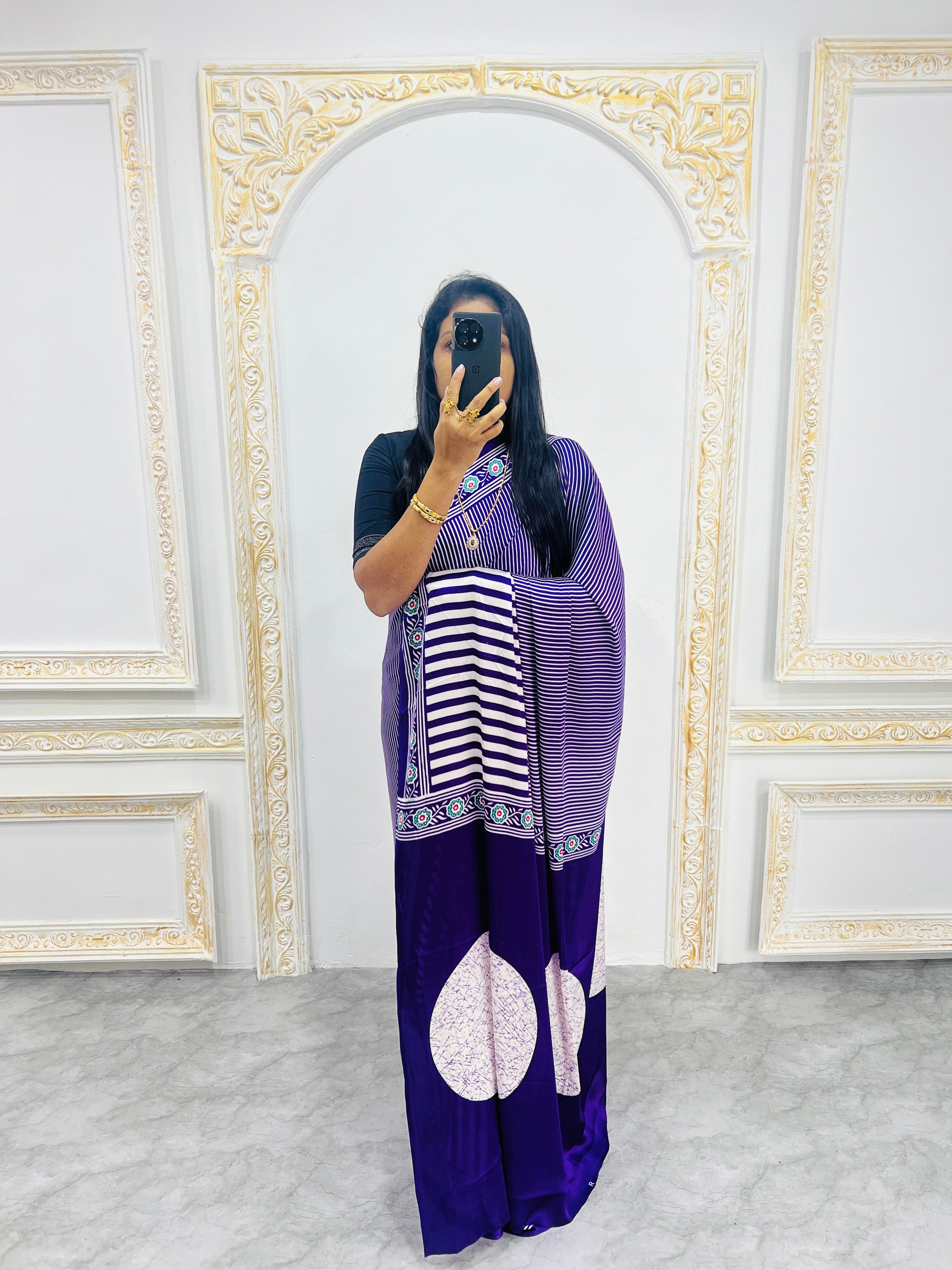 Purple Designer Saree with Stripes and Bold Circular Print Border