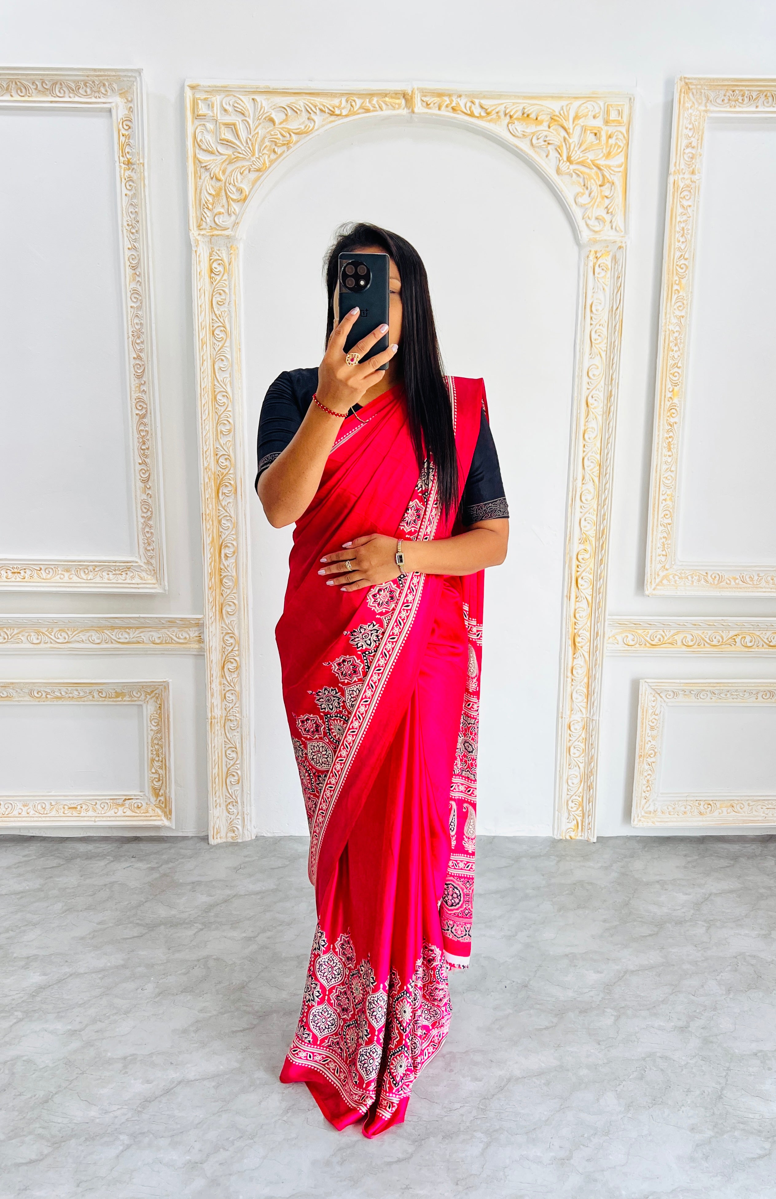 Elegant Red Ajrakh Print Semi Gajji Saree