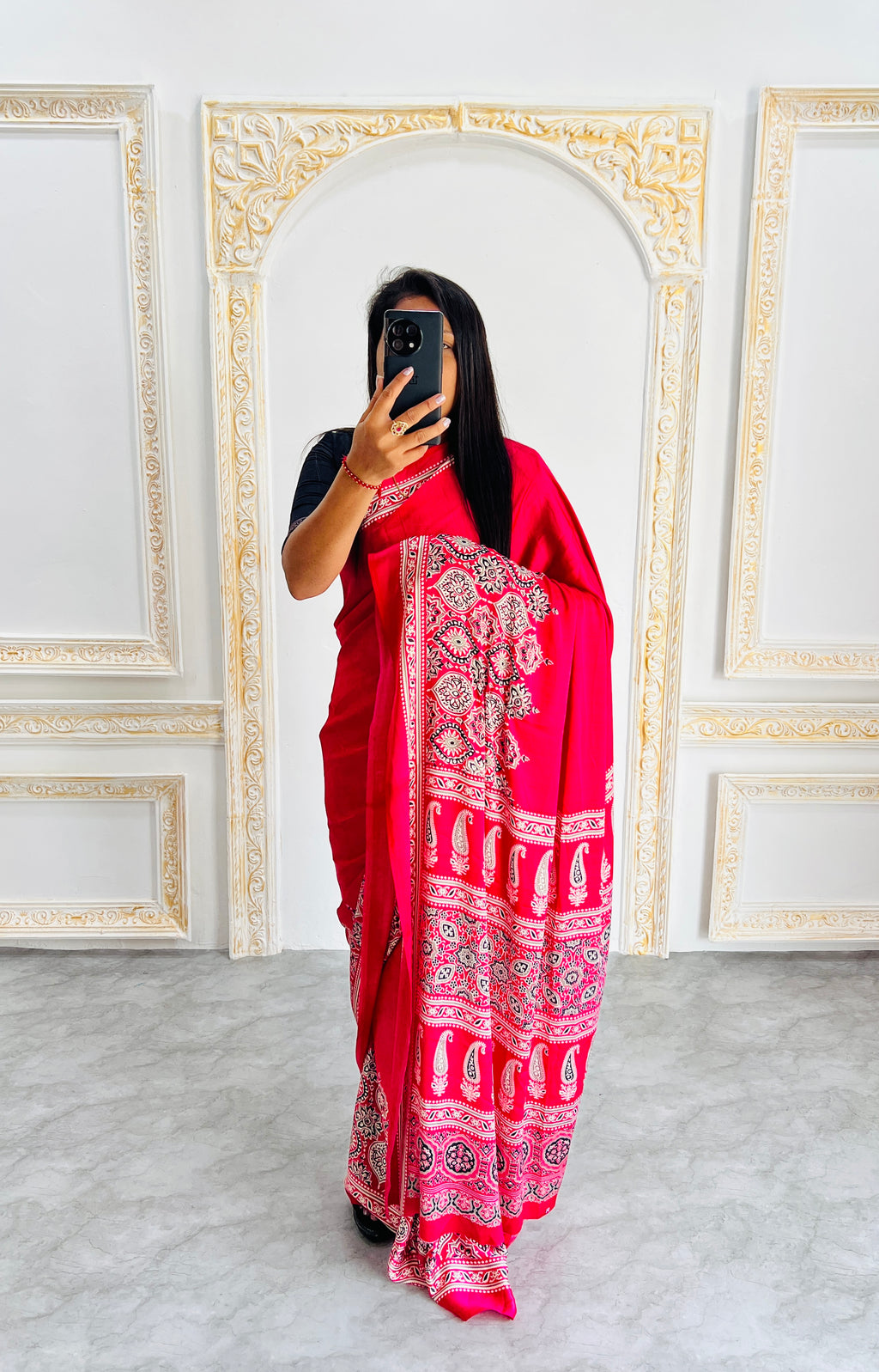Elegant Red Ajrakh Print Semi Gajji Saree