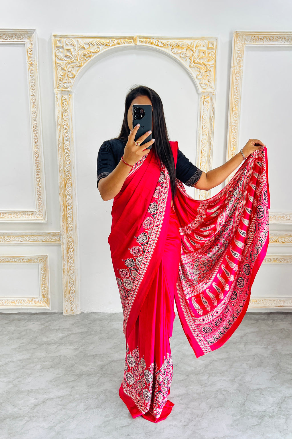 Elegant Red Ajrakh Print Semi Gajji Saree
