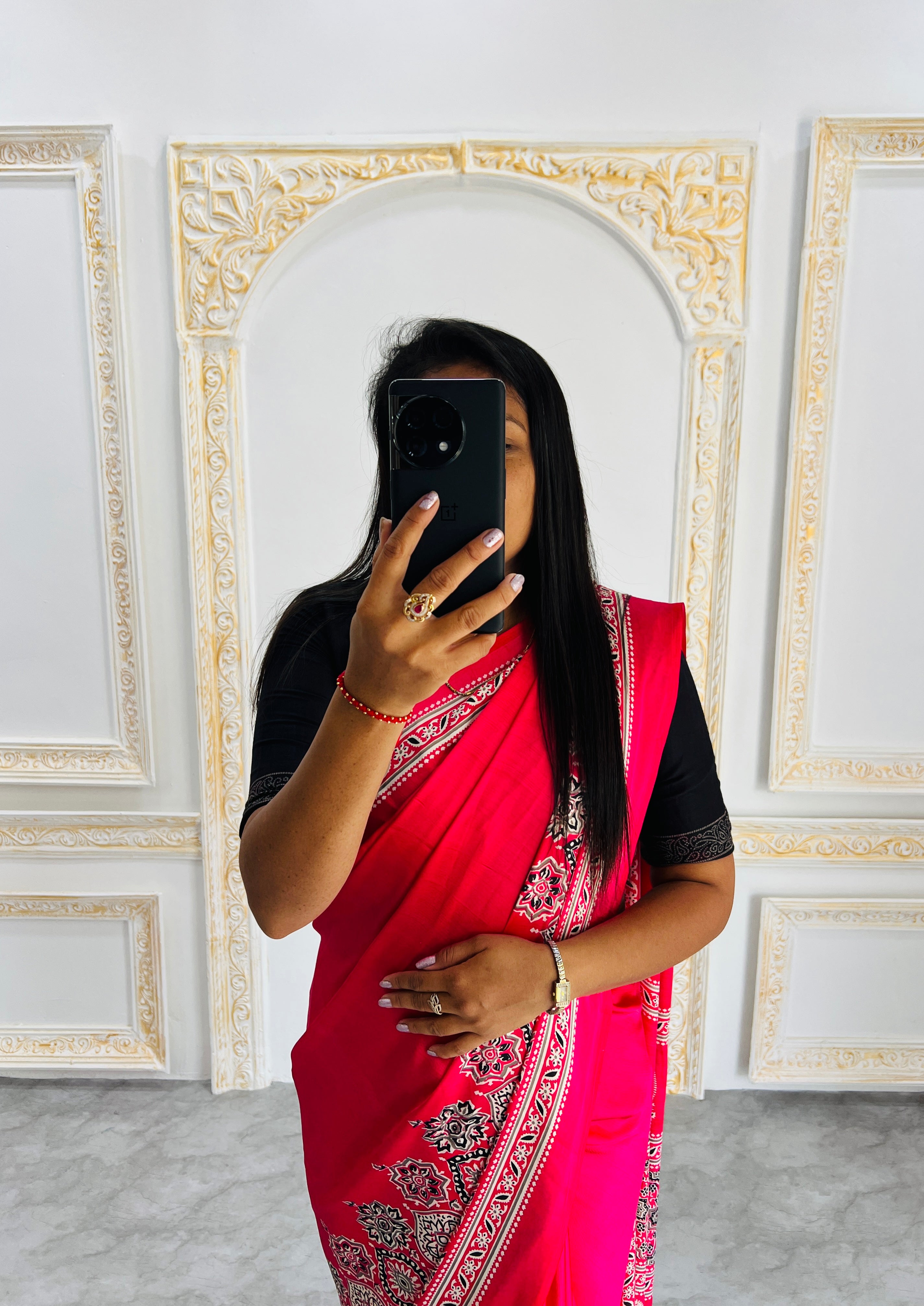 Elegant Red Ajrakh Print Semi Gajji Saree