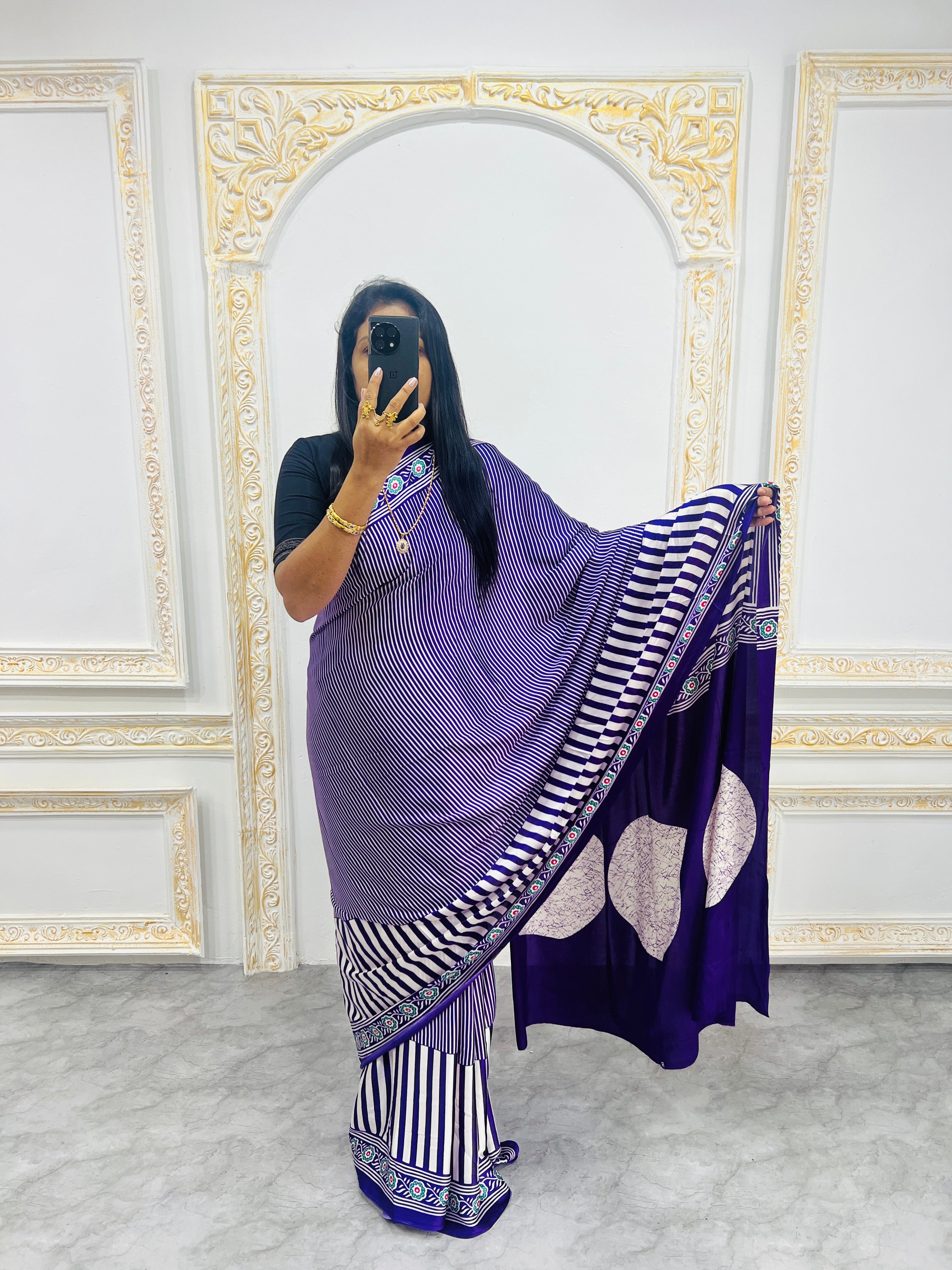 Purple Designer Saree with Stripes and Bold Circular Print Border