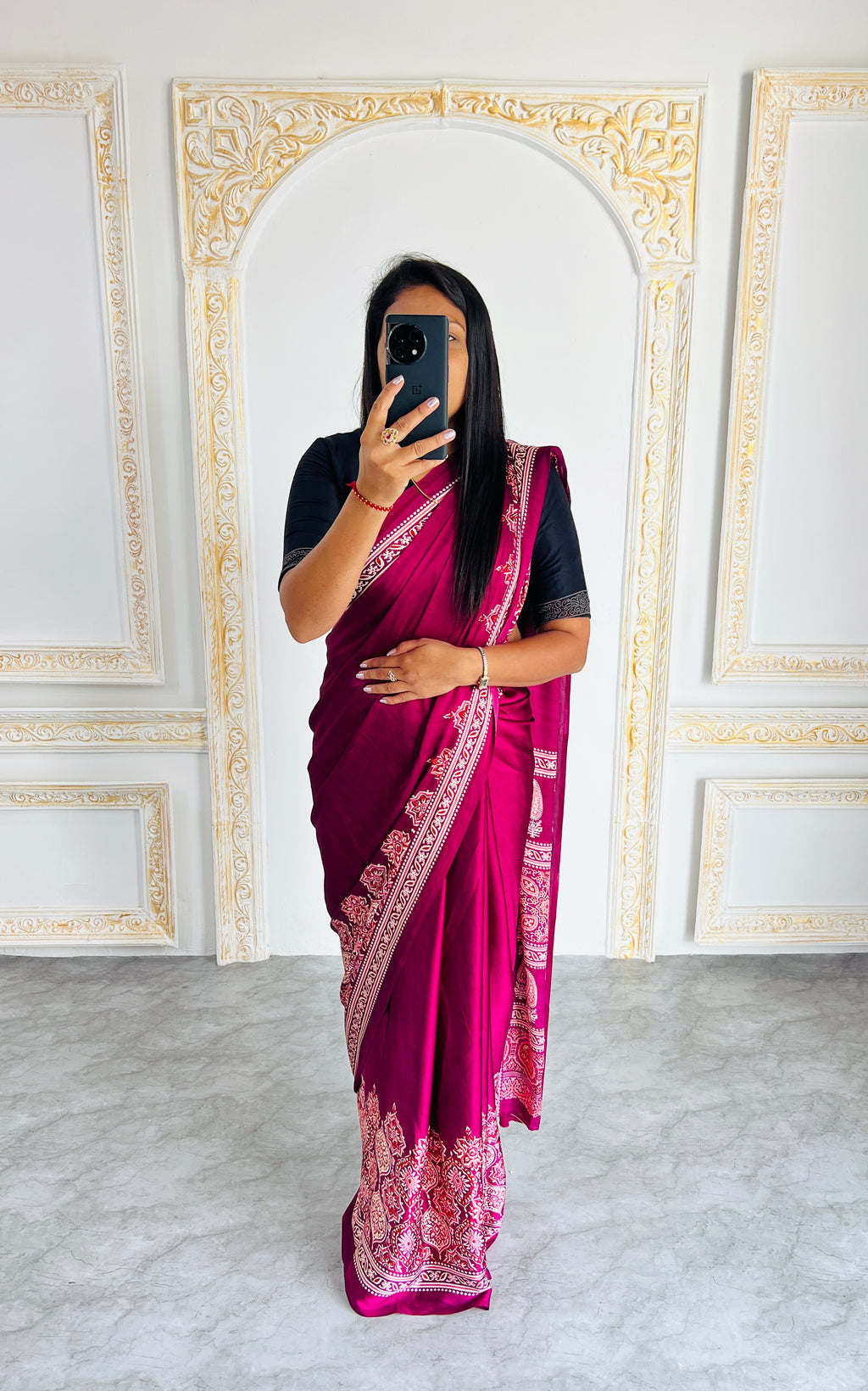 Elegant Maroon Ajrakh Print Saree with Red & Blue Motifs – Traditional Handcrafted Look