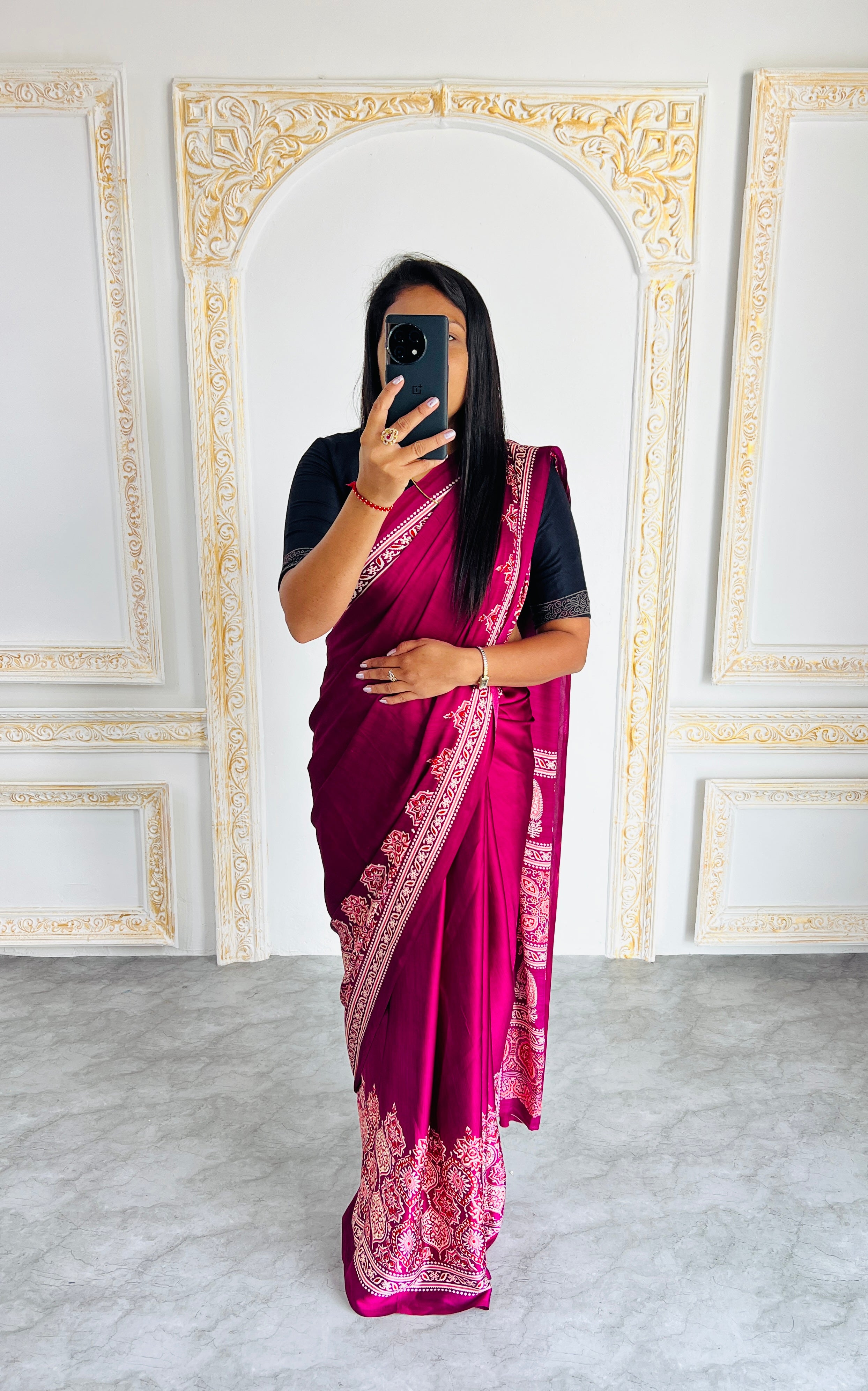 Elegant Maroon Ajrakh Print Saree with Red & Blue Motifs – Traditional Handcrafted Look