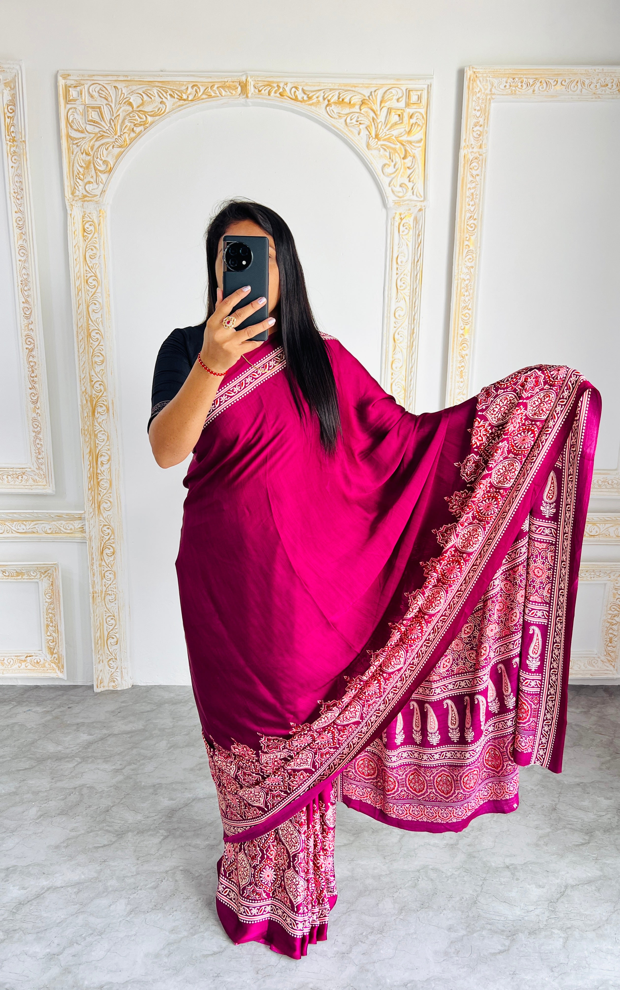 Elegant Maroon Ajrakh Print Saree with Red & Blue Motifs – Traditional Handcrafted Look