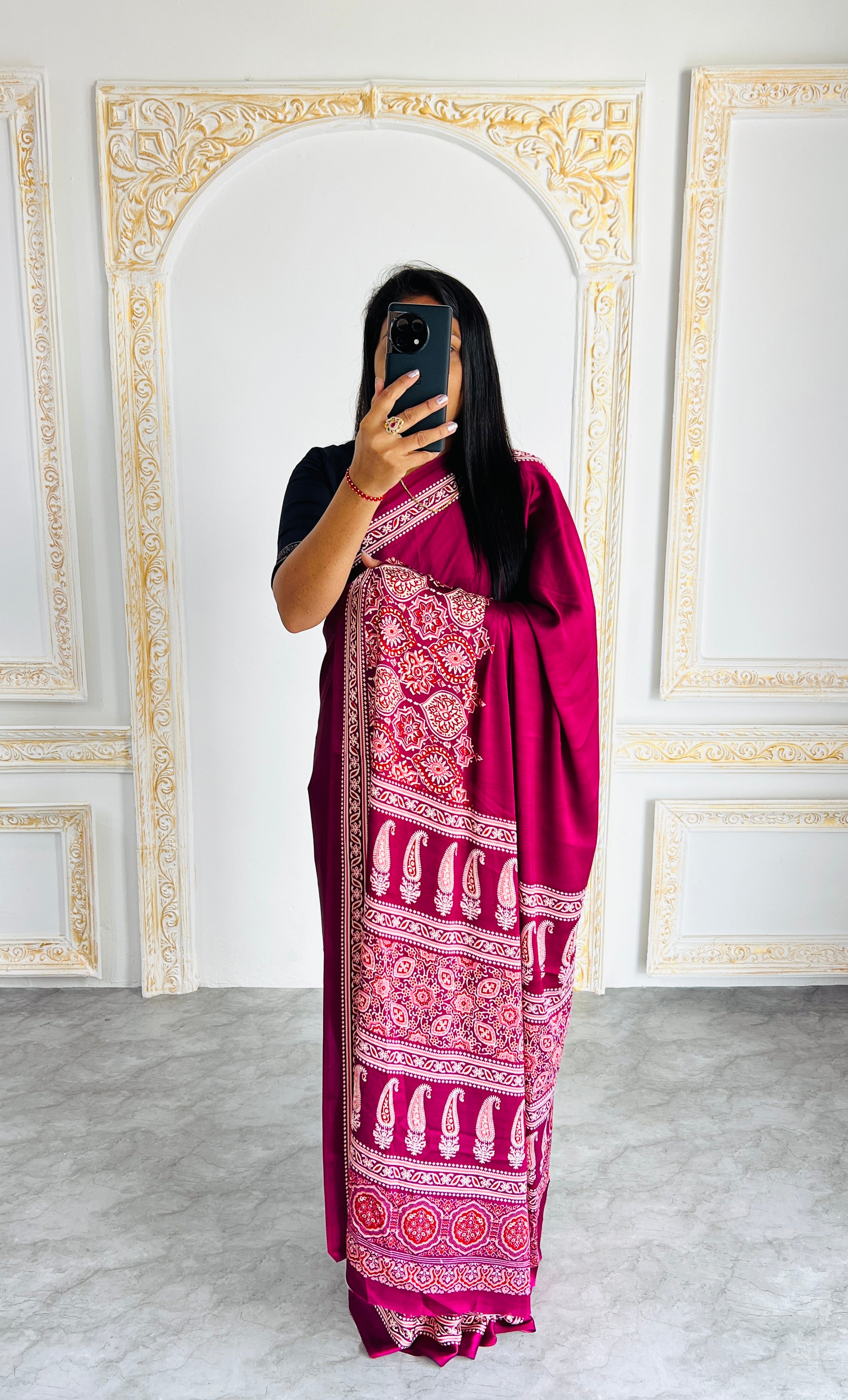 Elegant Maroon Ajrakh Print Saree with Red & Blue Motifs – Traditional Handcrafted Look