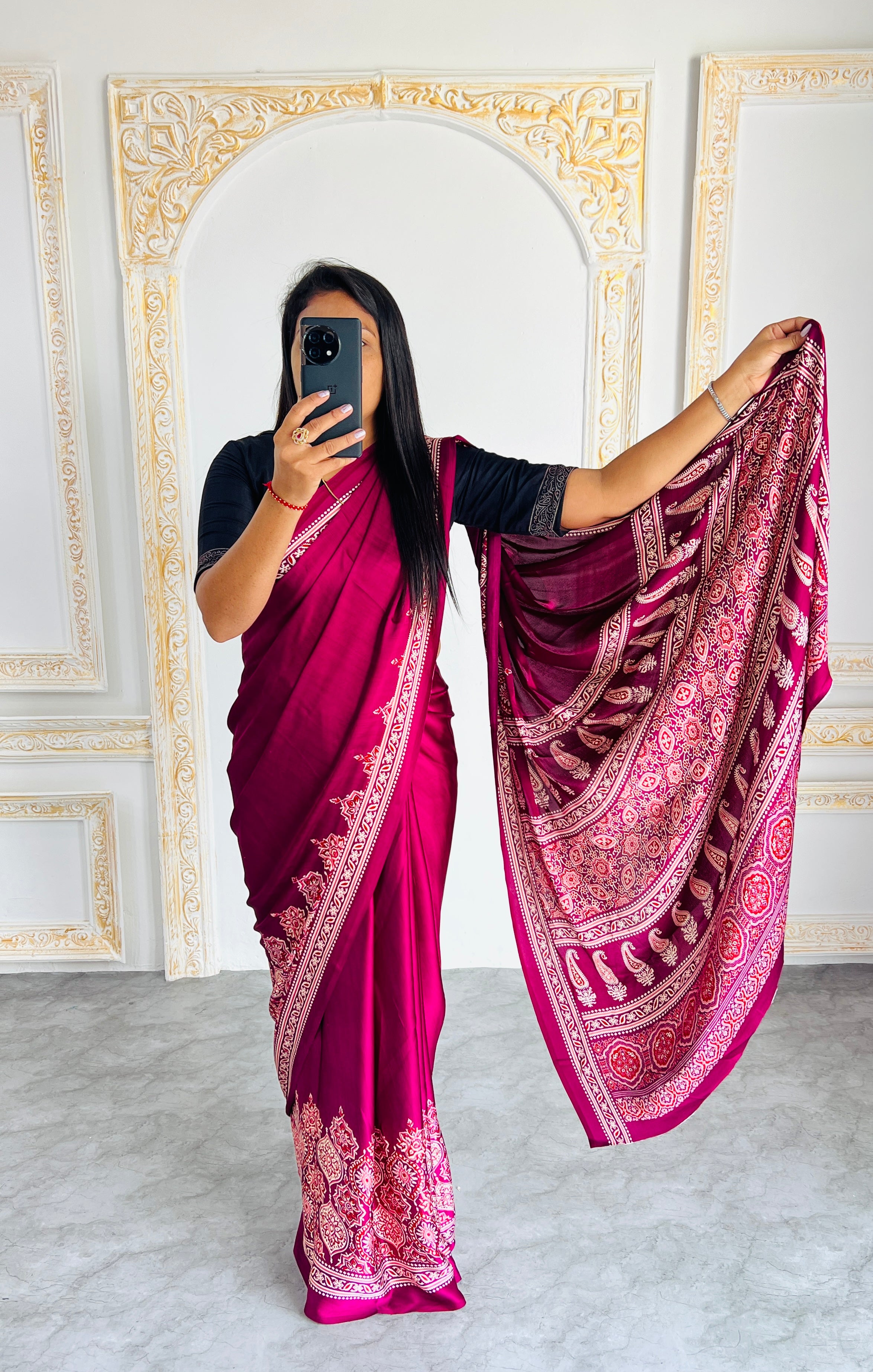 Elegant Maroon Ajrakh Print Saree with Red & Blue Motifs – Traditional Handcrafted Look