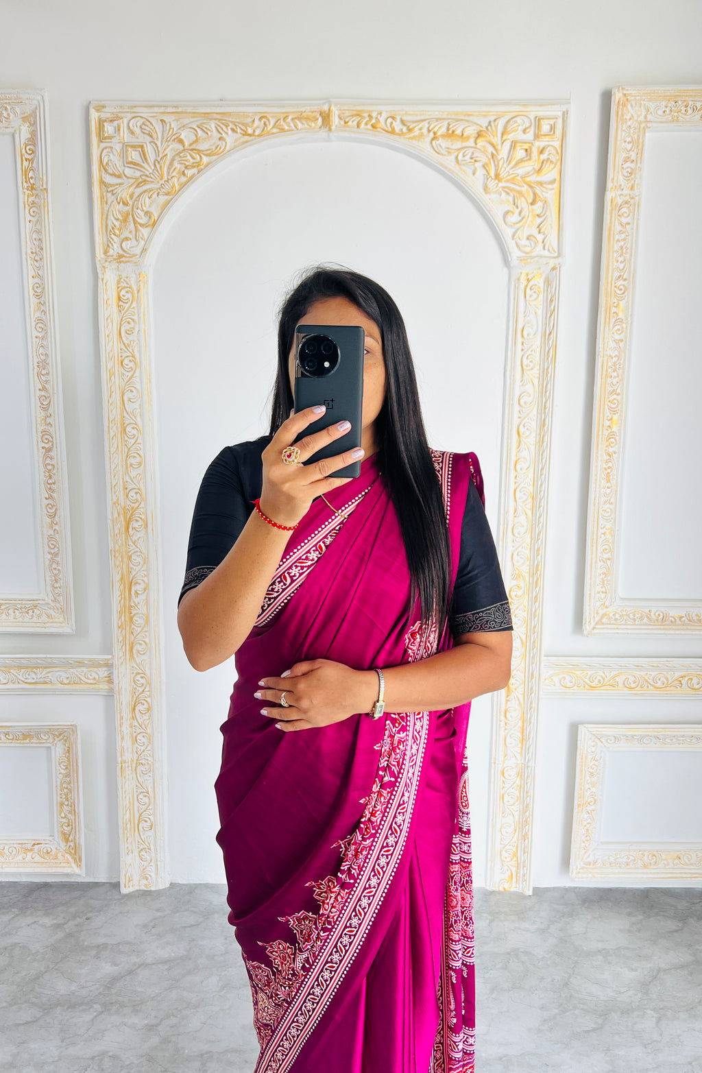 Elegant Maroon Ajrakh Print Saree with Red & Blue Motifs – Traditional Handcrafted Look