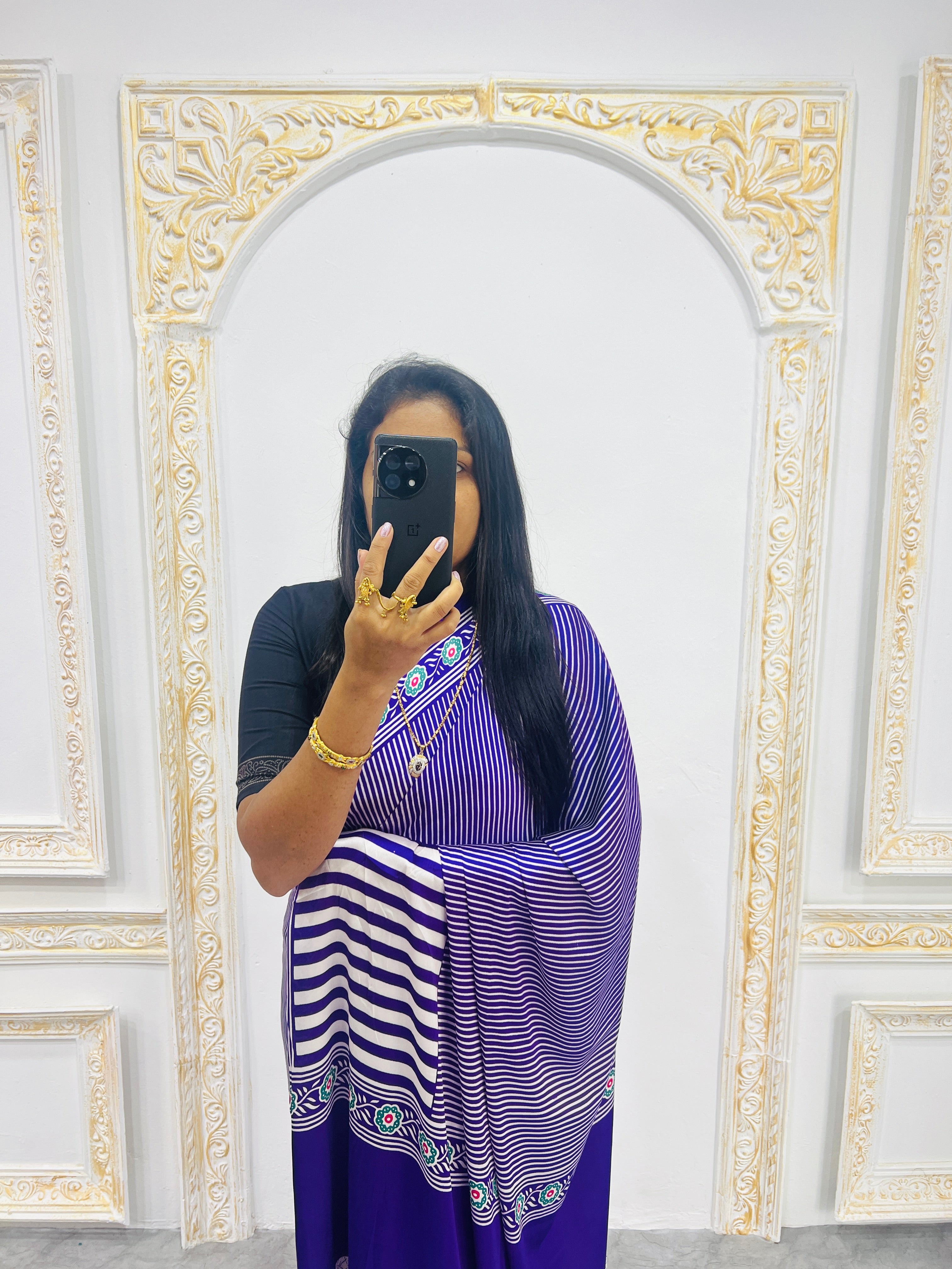 Purple Designer Saree with Stripes and Bold Circular Print Border