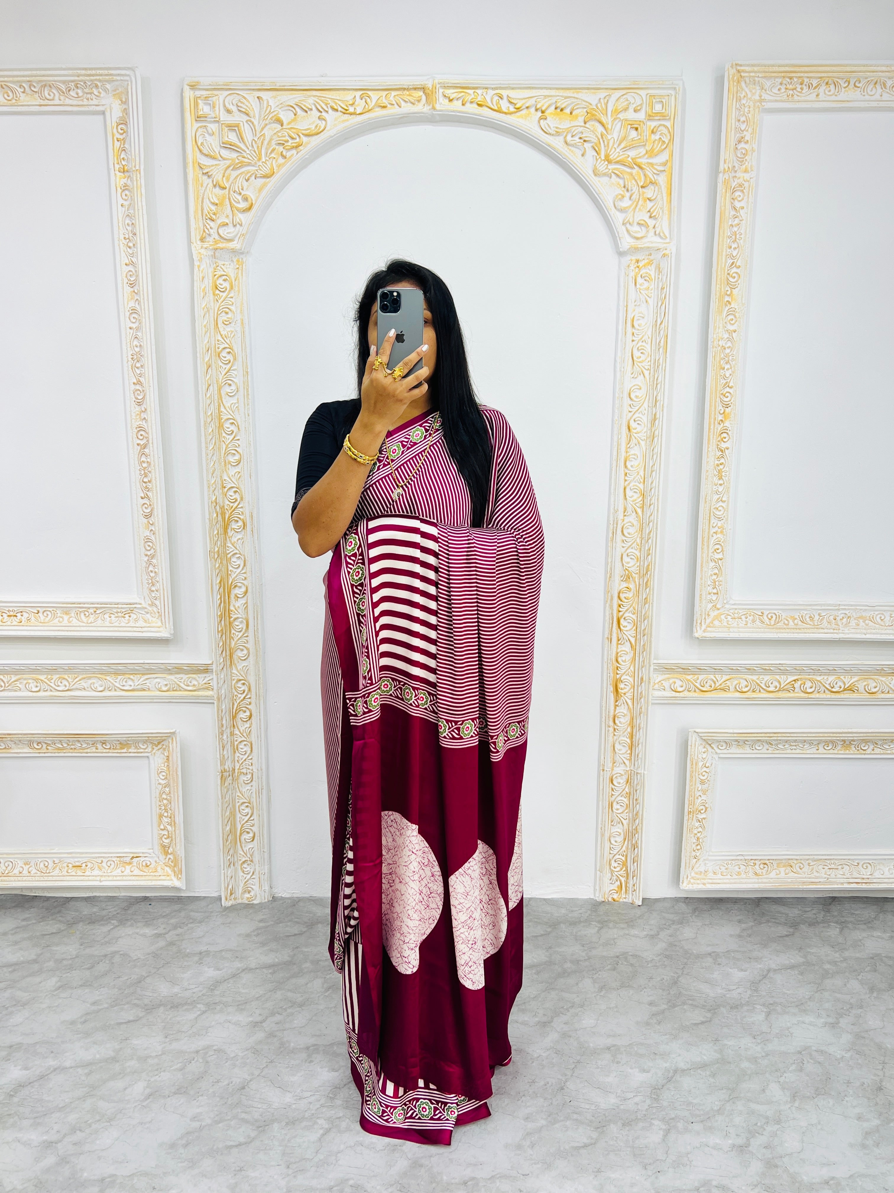 Maroon Designer Saree with Stripes and Bold Circular Print Border