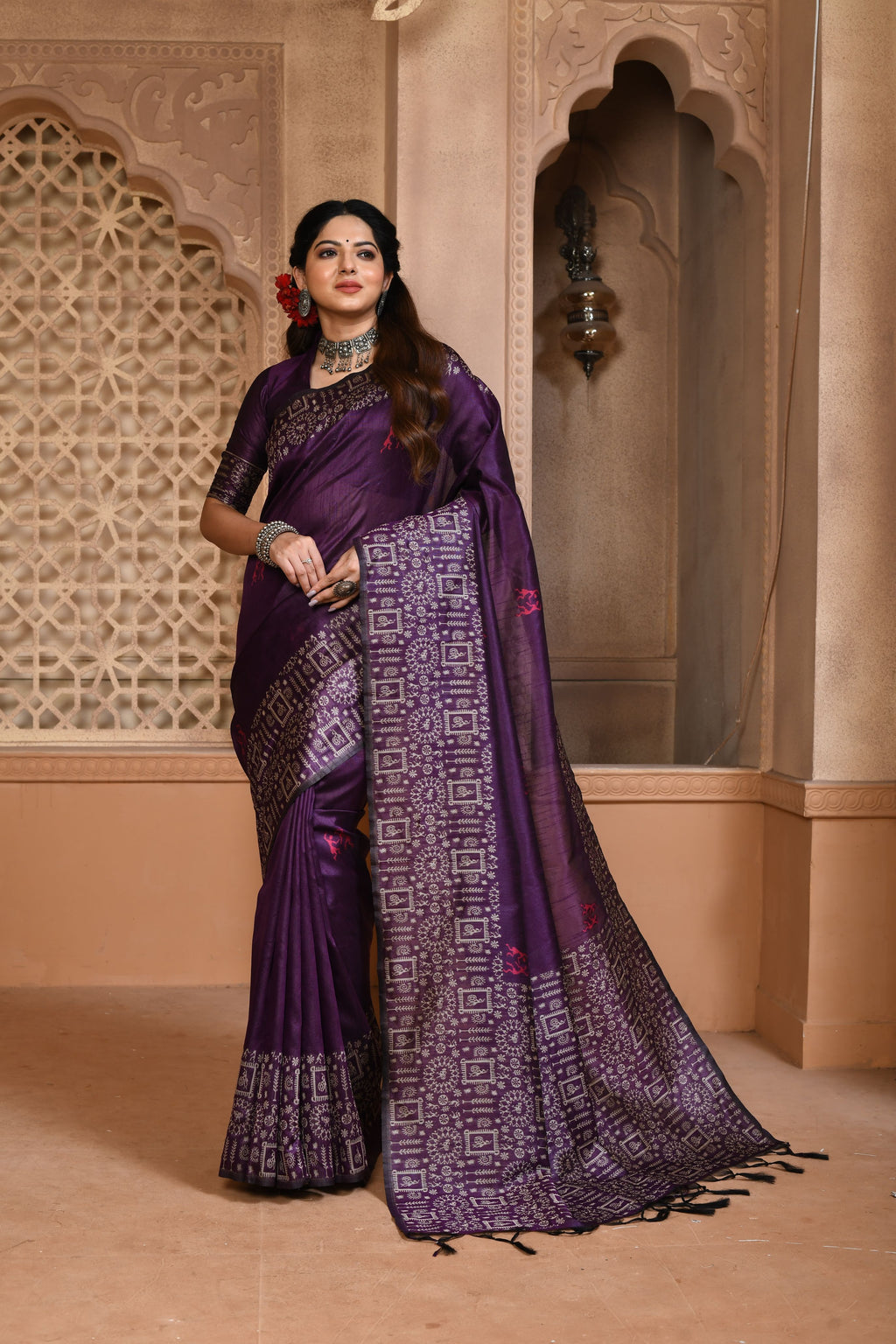Elegant Purple Handloom Silk Saree with Tribal Motifs