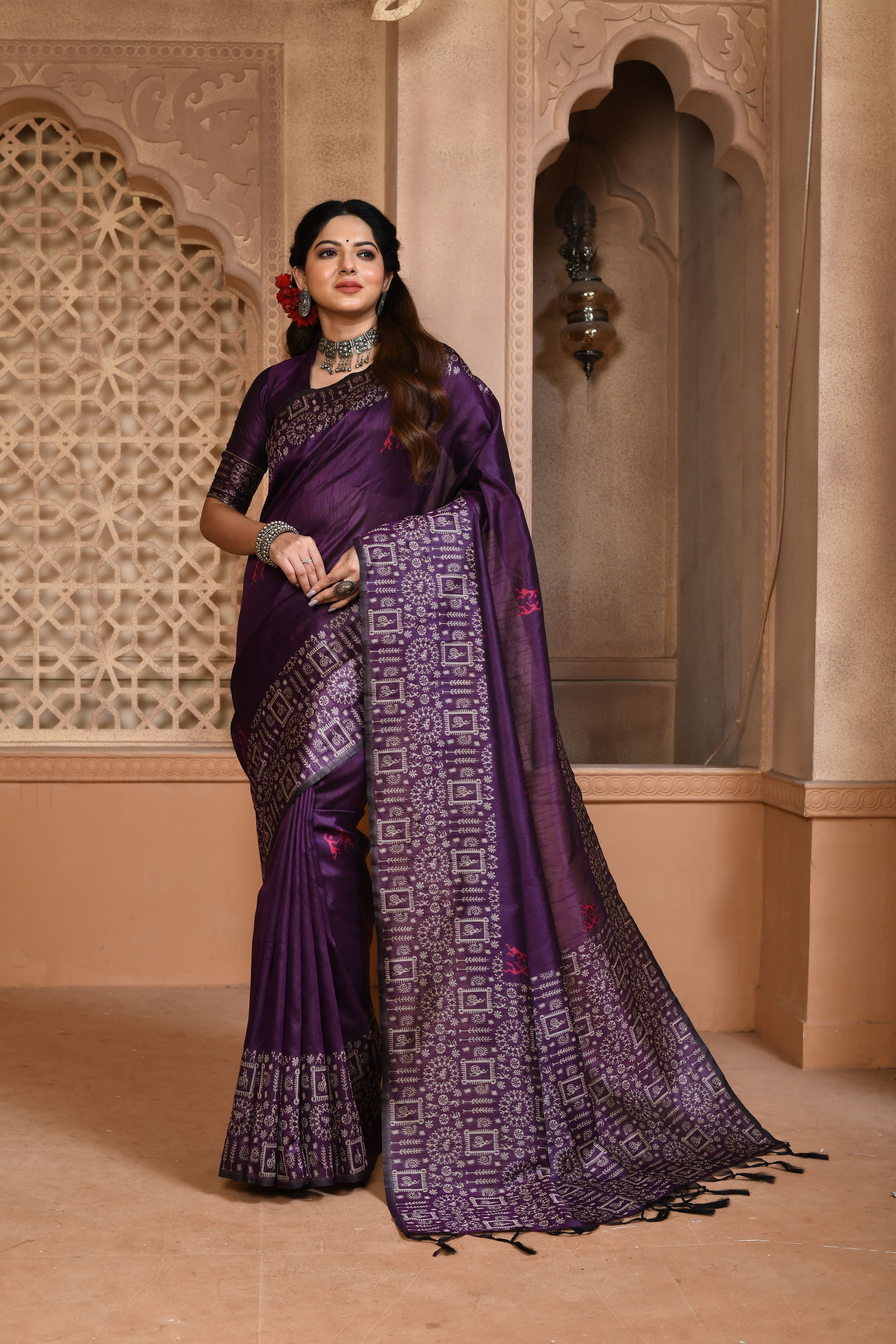 Elegant Purple Handloom Silk Saree with Tribal Motifs