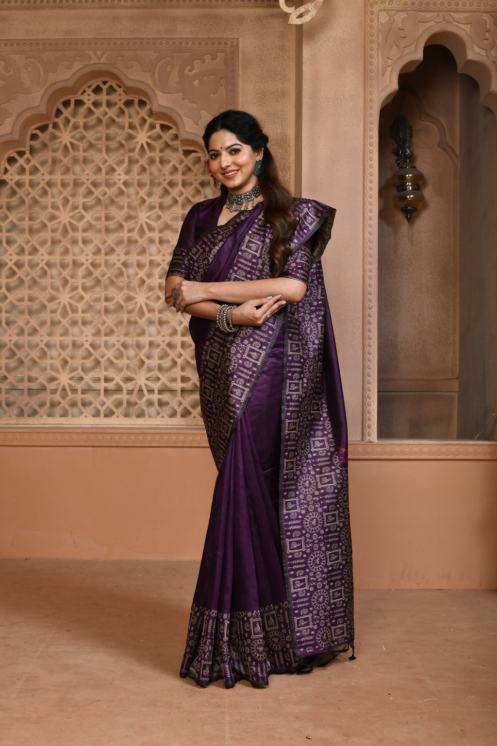 Elegant Purple Handloom Silk Saree with Tribal Motifs