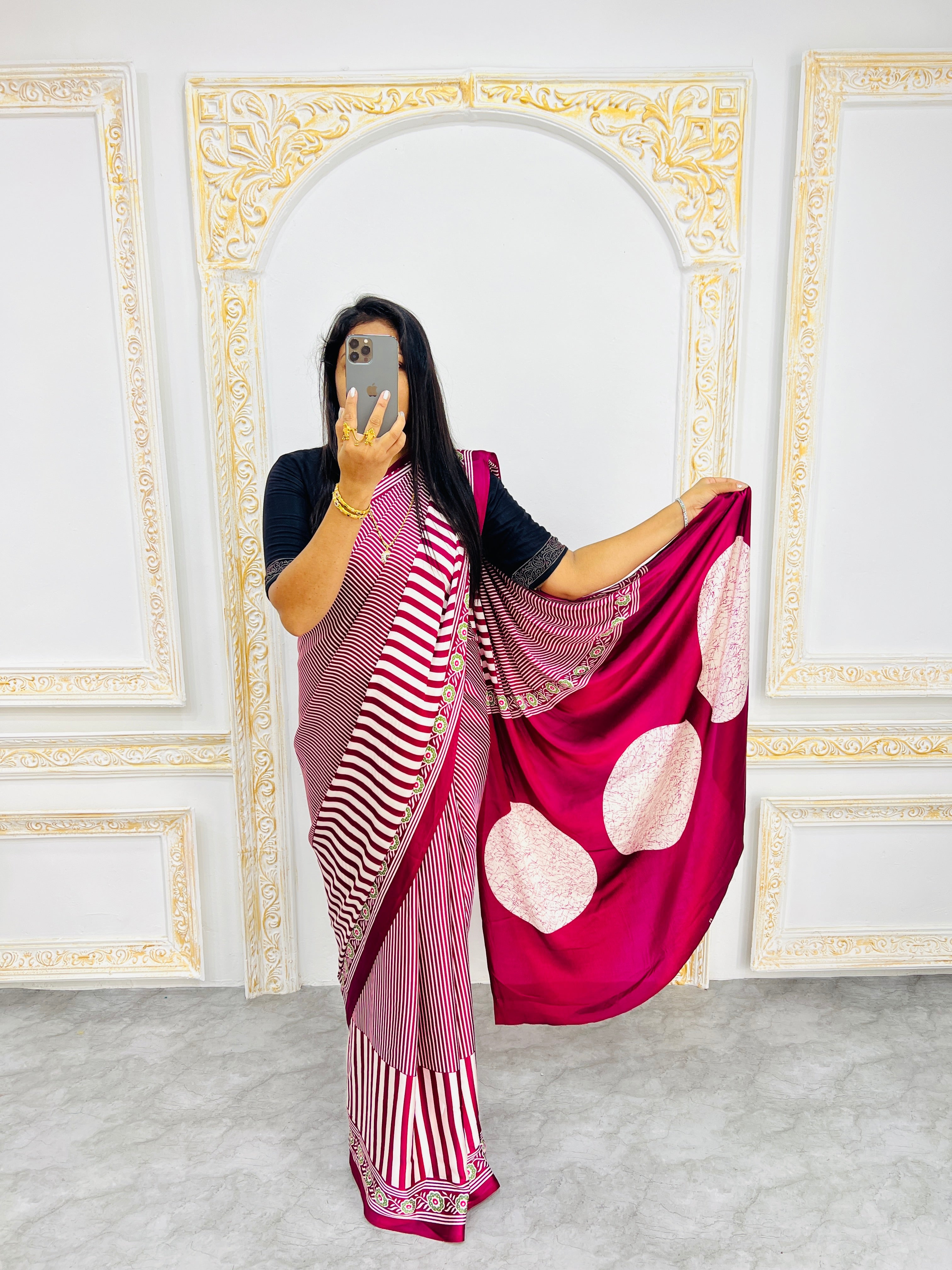 Maroon Designer Saree with Stripes and Bold Circular Print Border