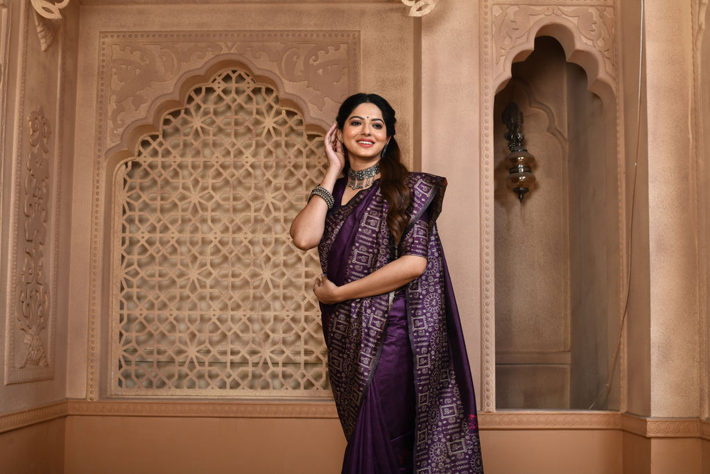 Elegant Purple Handloom Silk Saree with Tribal Motifs