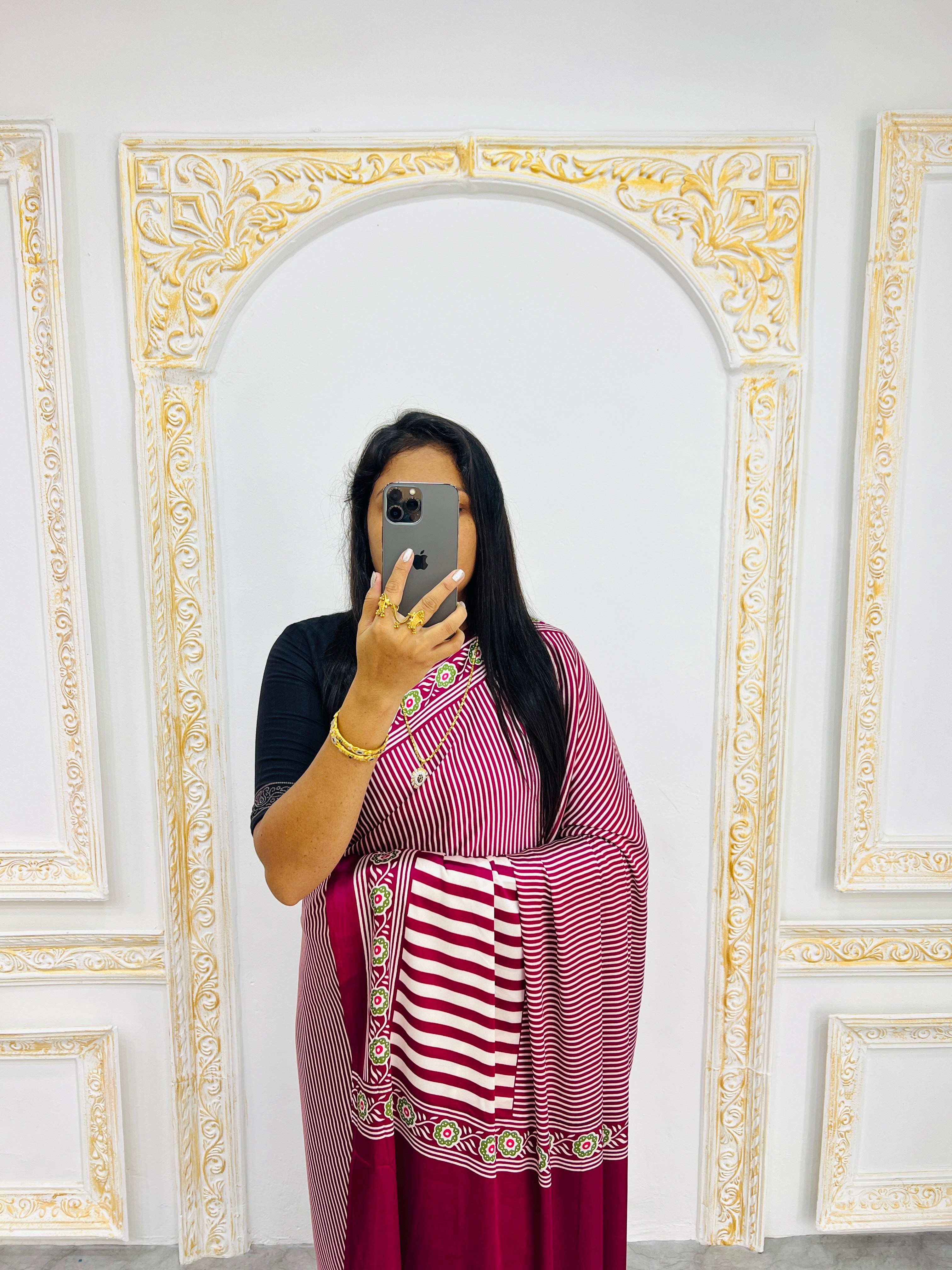 Maroon Designer Saree with Stripes and Bold Circular Print Border