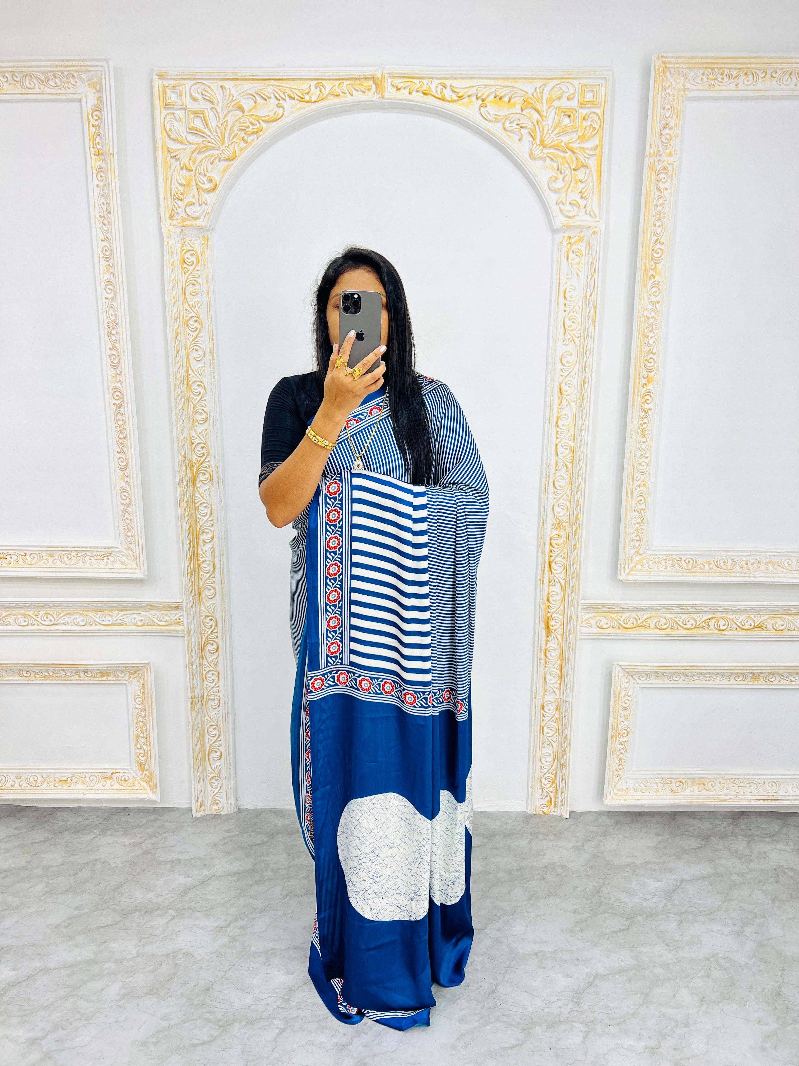 Blue Designer Saree with Stripes and Bold Circular Print Border