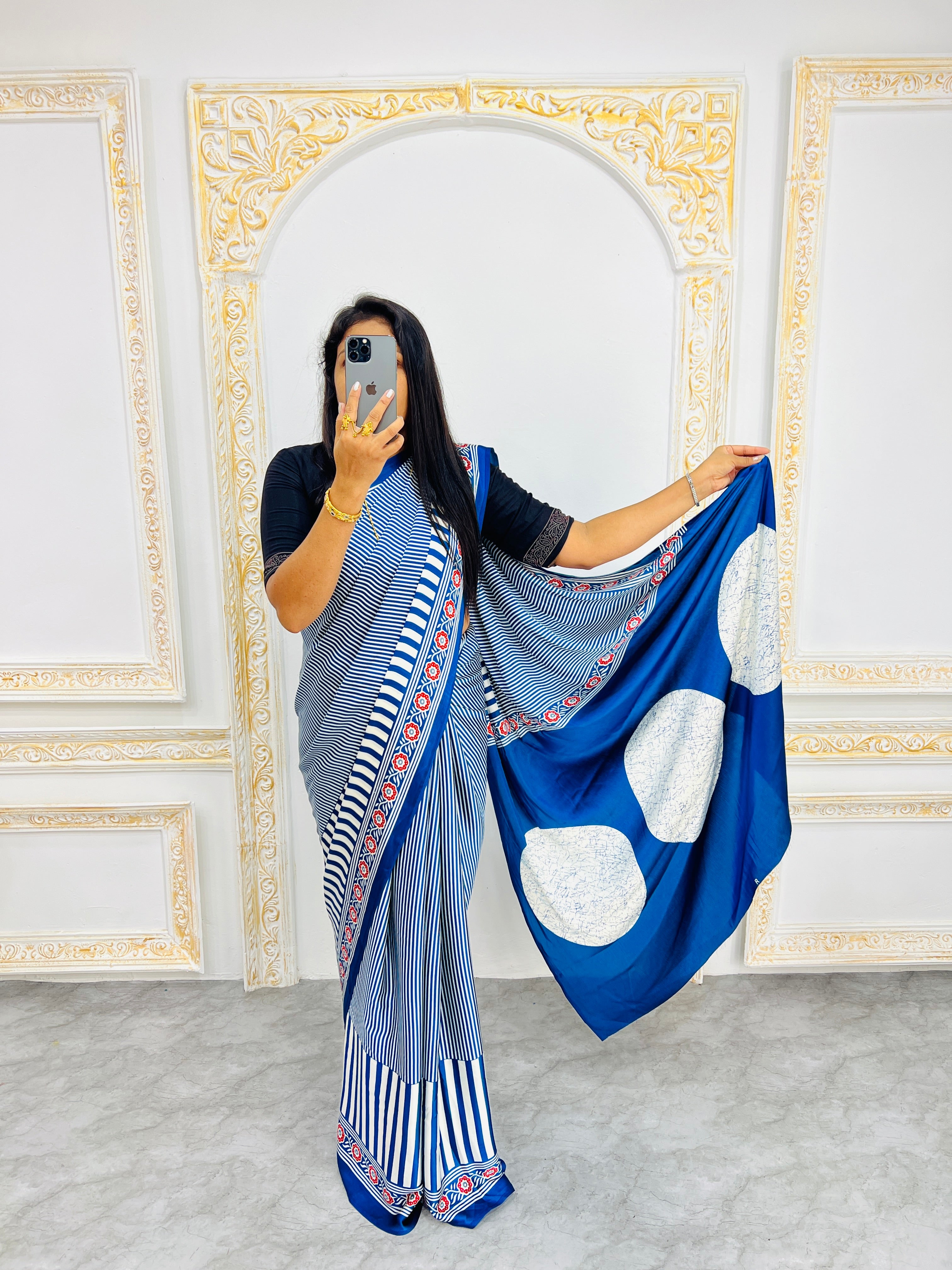 Blue Designer Saree with Stripes and Bold Circular Print Border