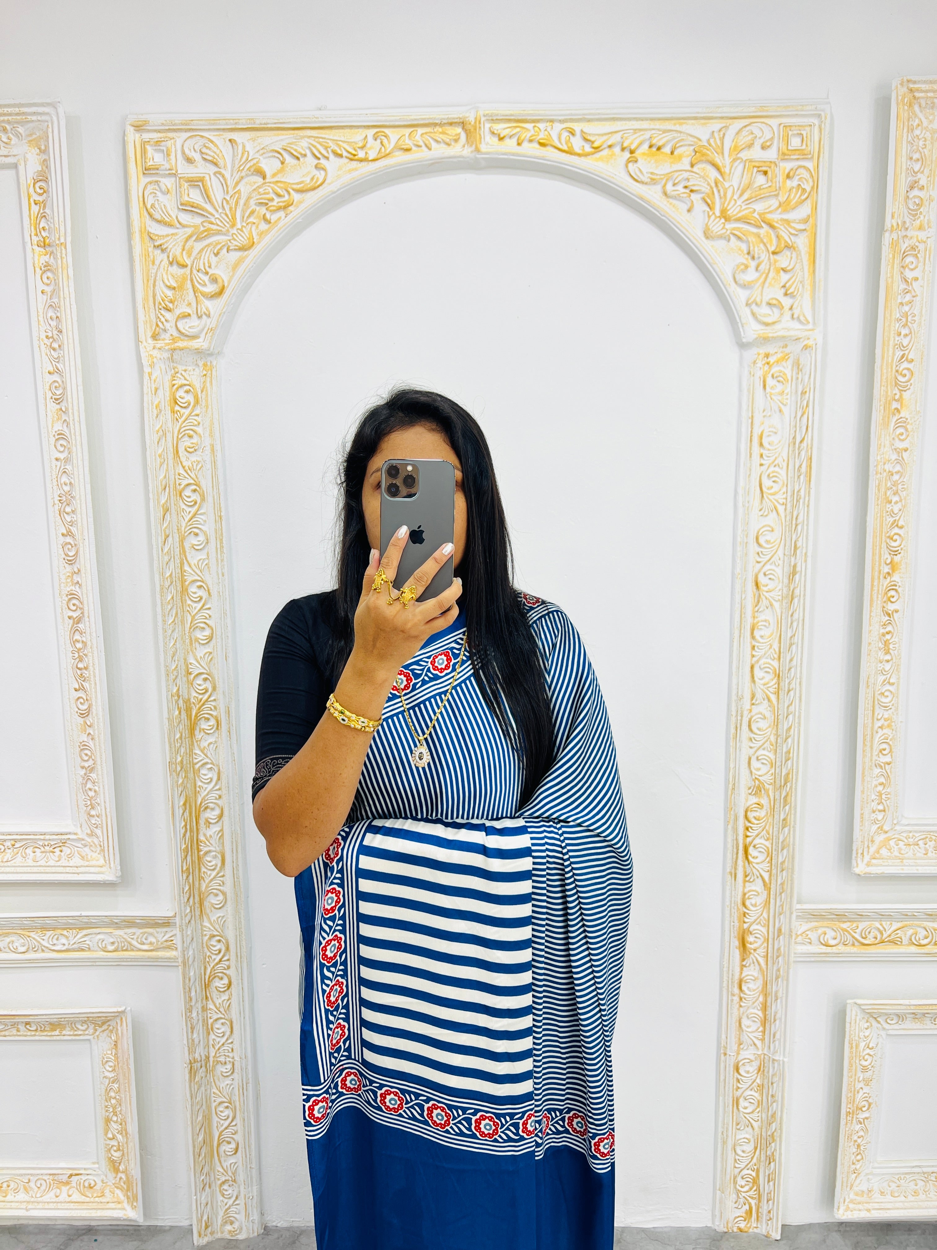 Blue Designer Saree with Stripes and Bold Circular Print Border