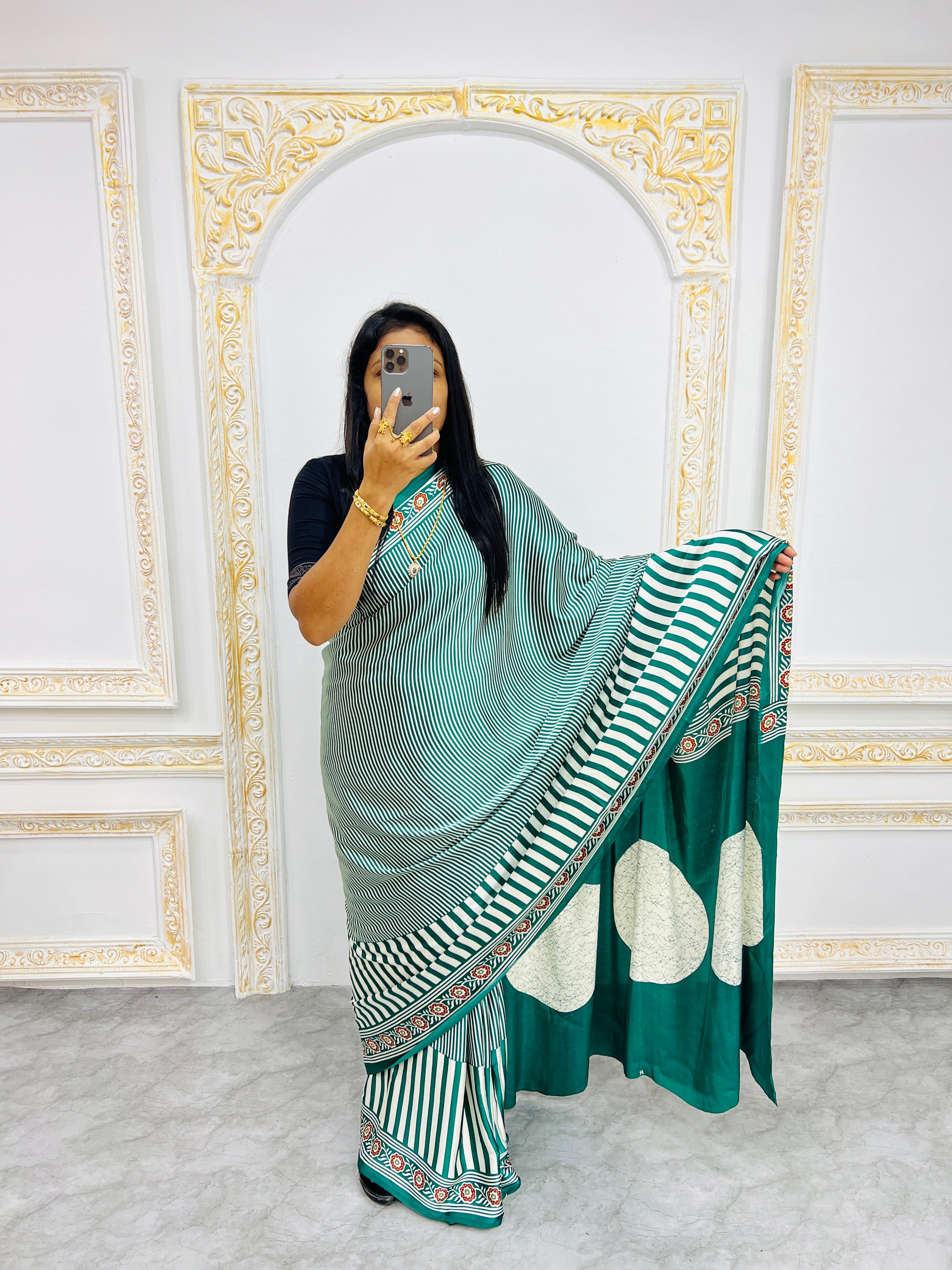 Green Designer Saree with Stripes and Bold Circular Print Border