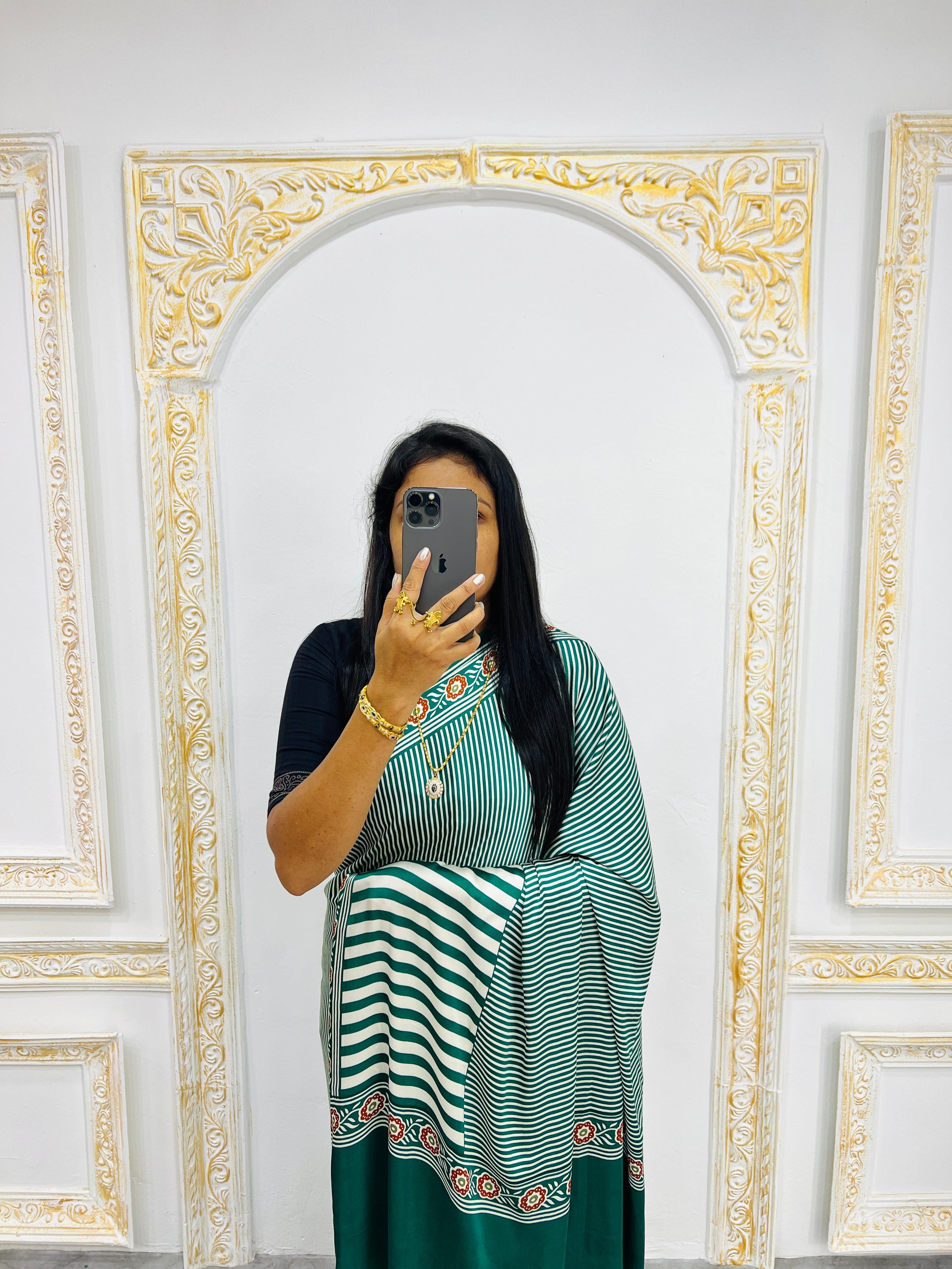 Green Designer Saree with Stripes and Bold Circular Print Border