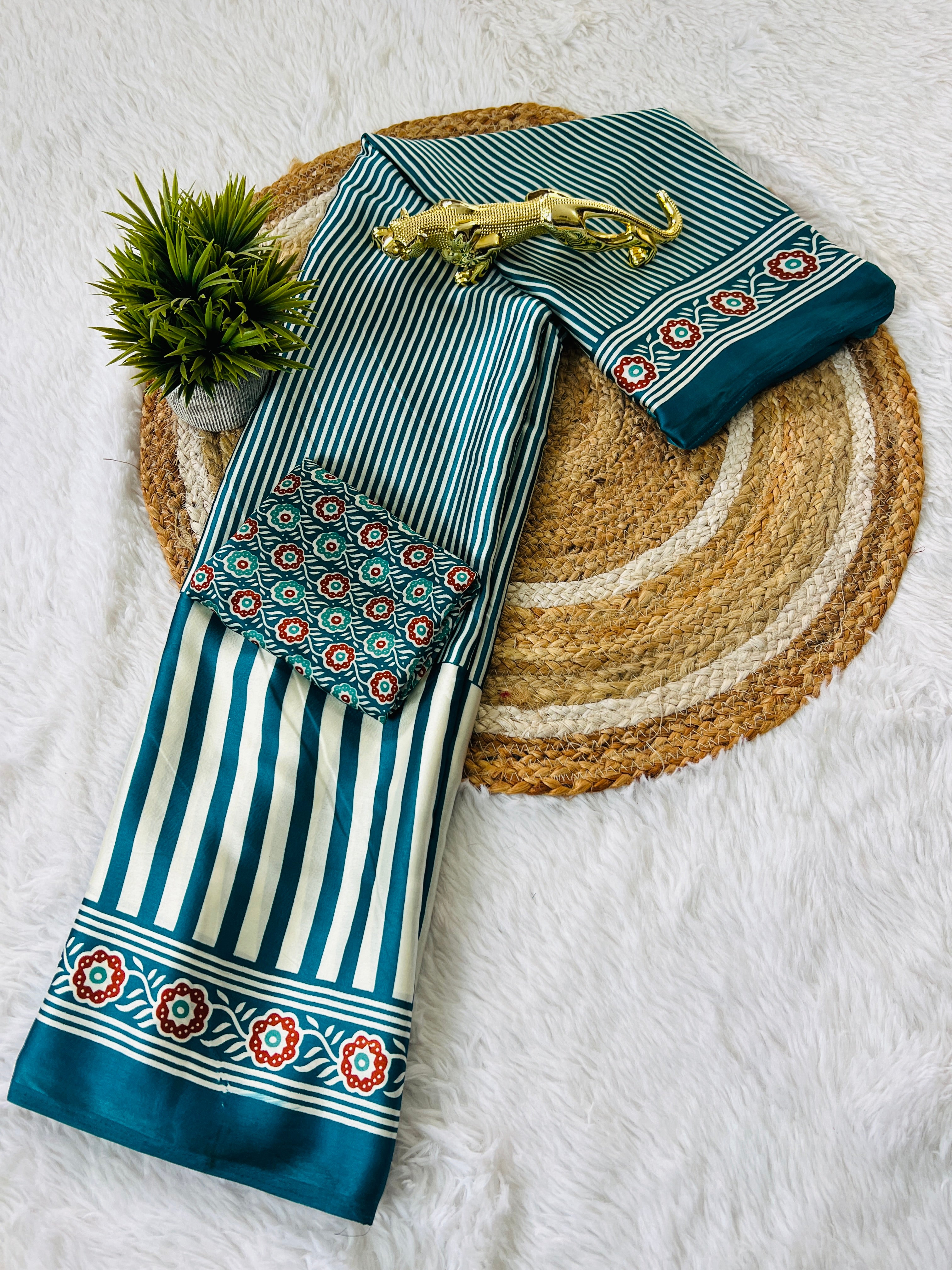 Teal Blue Designer Saree with Stripes and Bold Circular Print Border