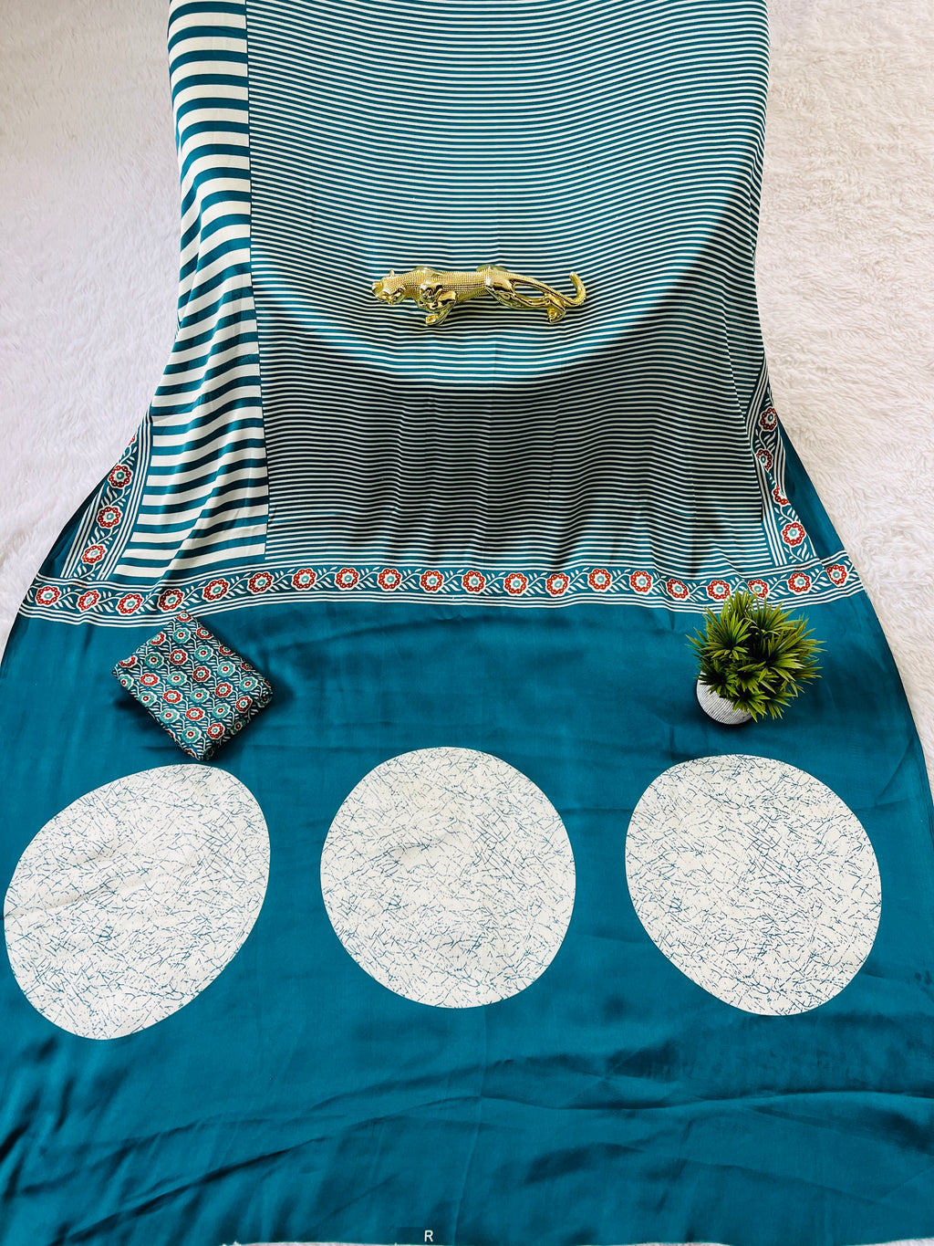 Teal Blue Designer Saree with Stripes and Bold Circular Print Border