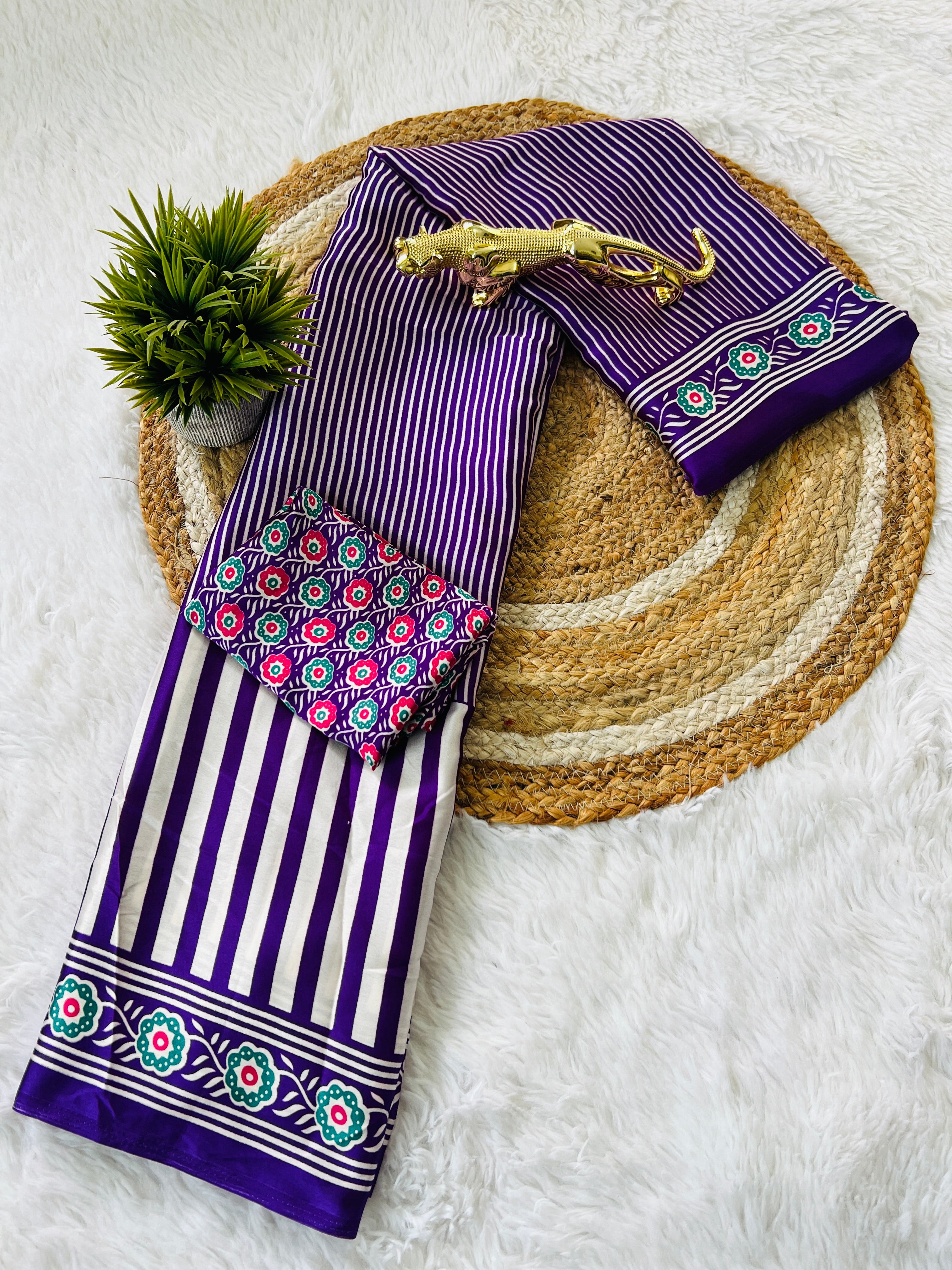 Purple Designer Saree with Stripes and Bold Circular Print Border