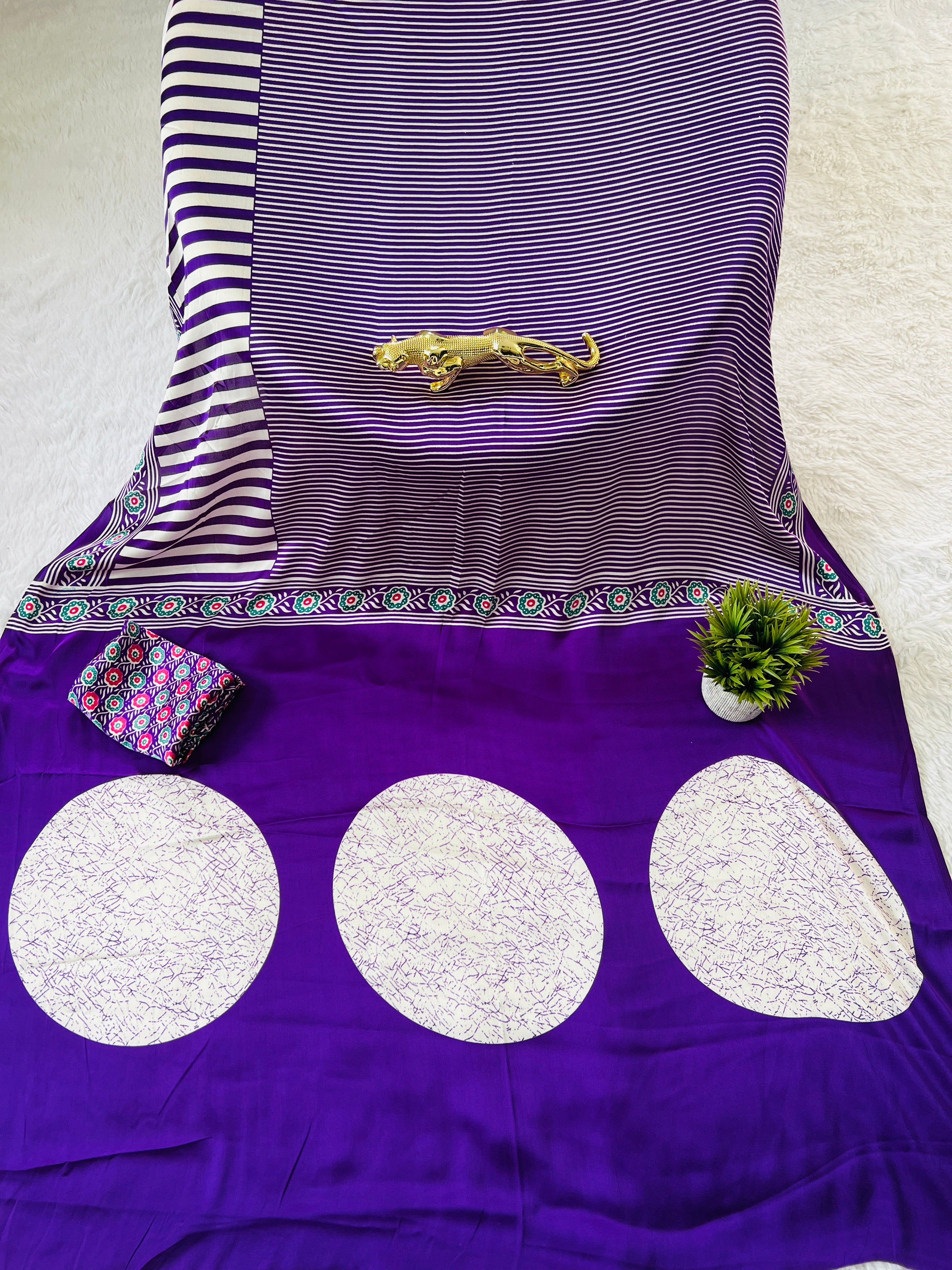 Purple Designer Saree with Stripes and Bold Circular Print Border