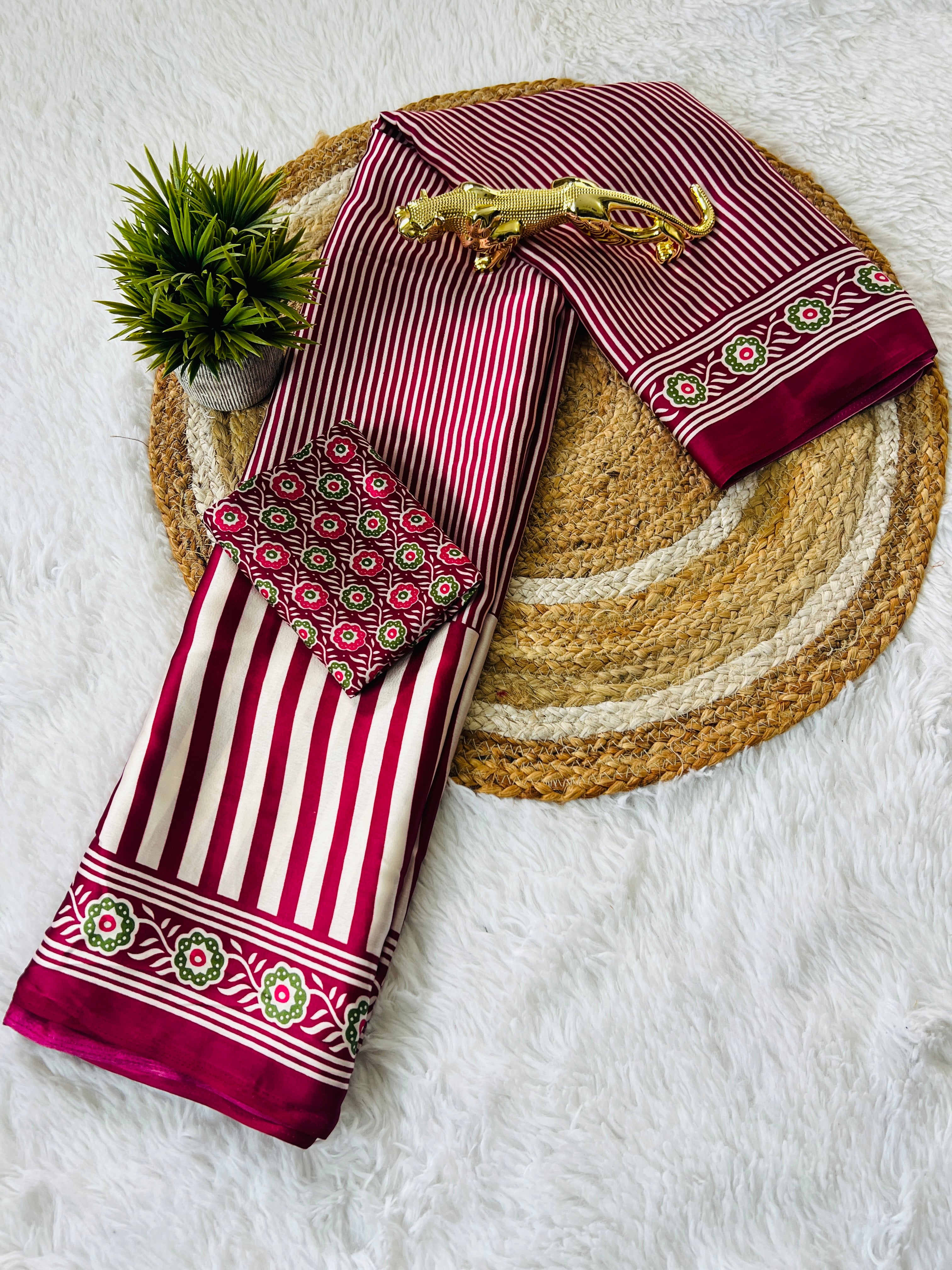 Maroon Designer Saree with Stripes and Bold Circular Print Border