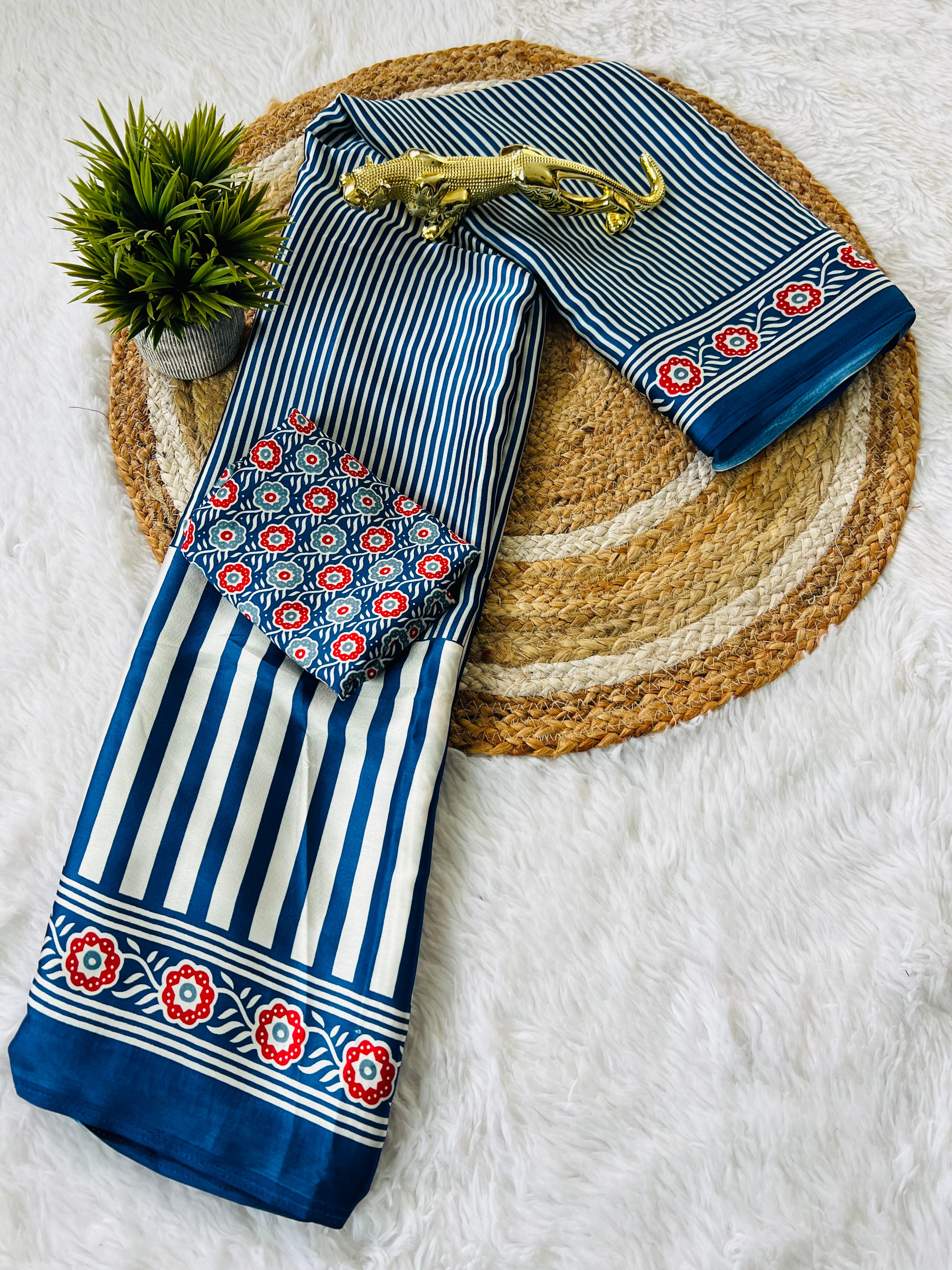 Blue Designer Saree with Stripes and Bold Circular Print Border