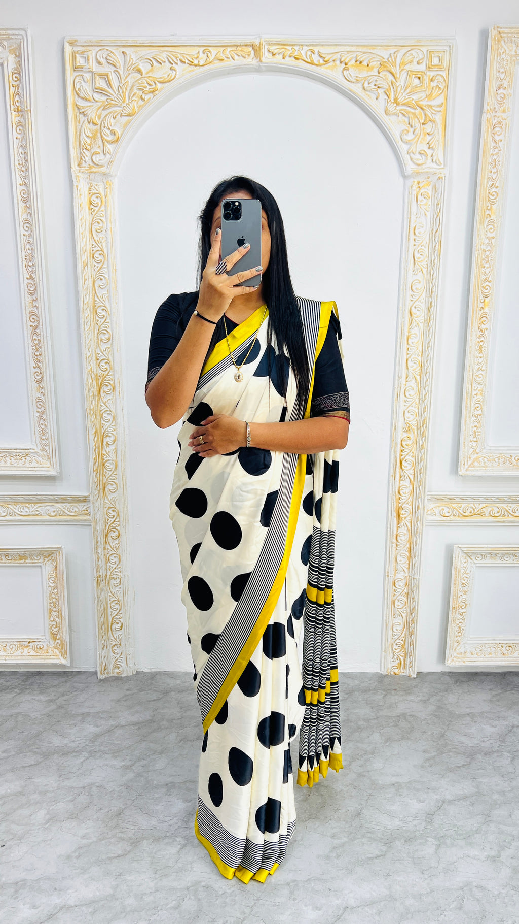 Trendy Polka Print Saree in Monochrome with Vibrant Yellow Edging