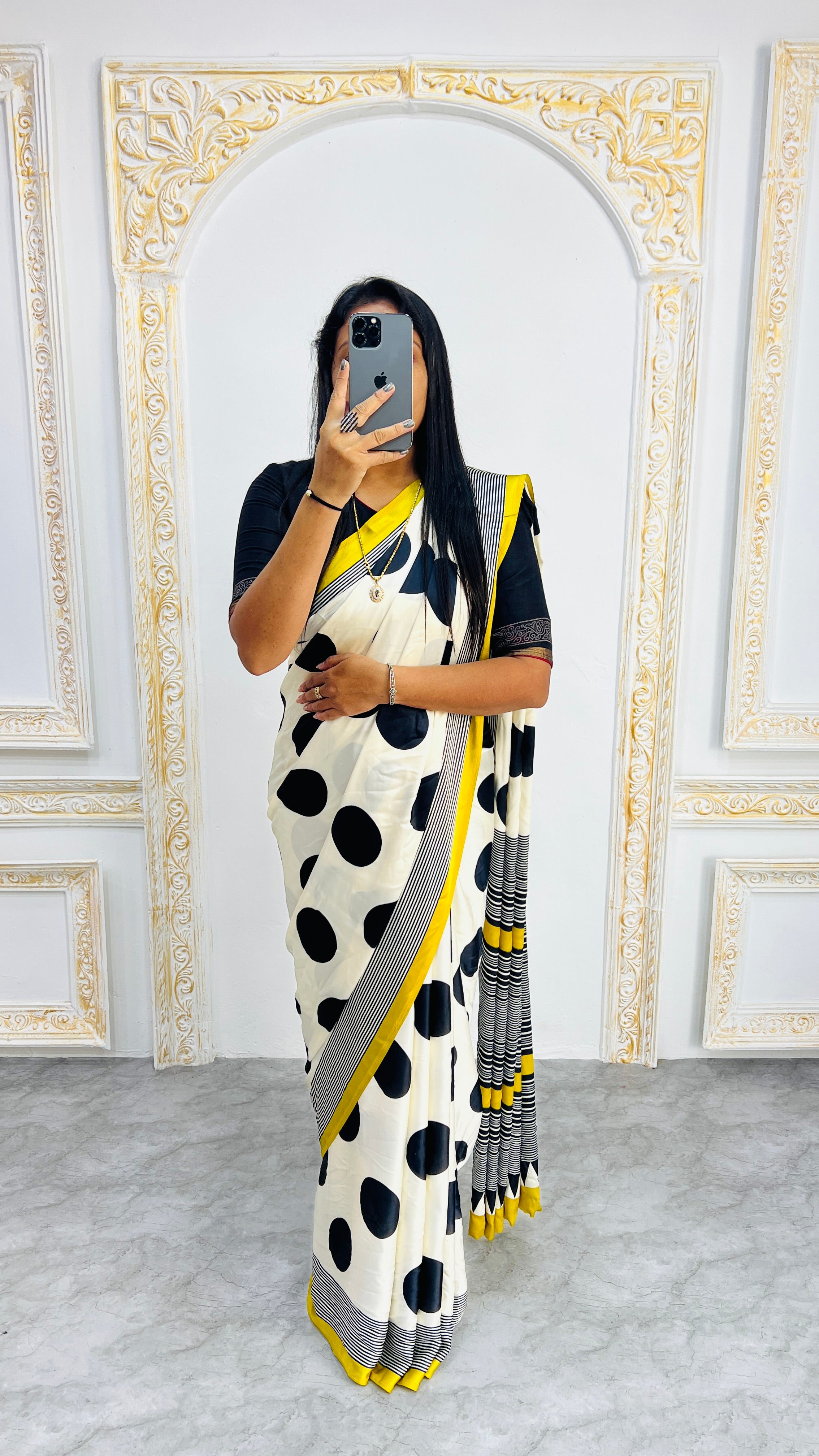 Trendy Polka Print Saree in Monochrome with Vibrant Yellow Edging