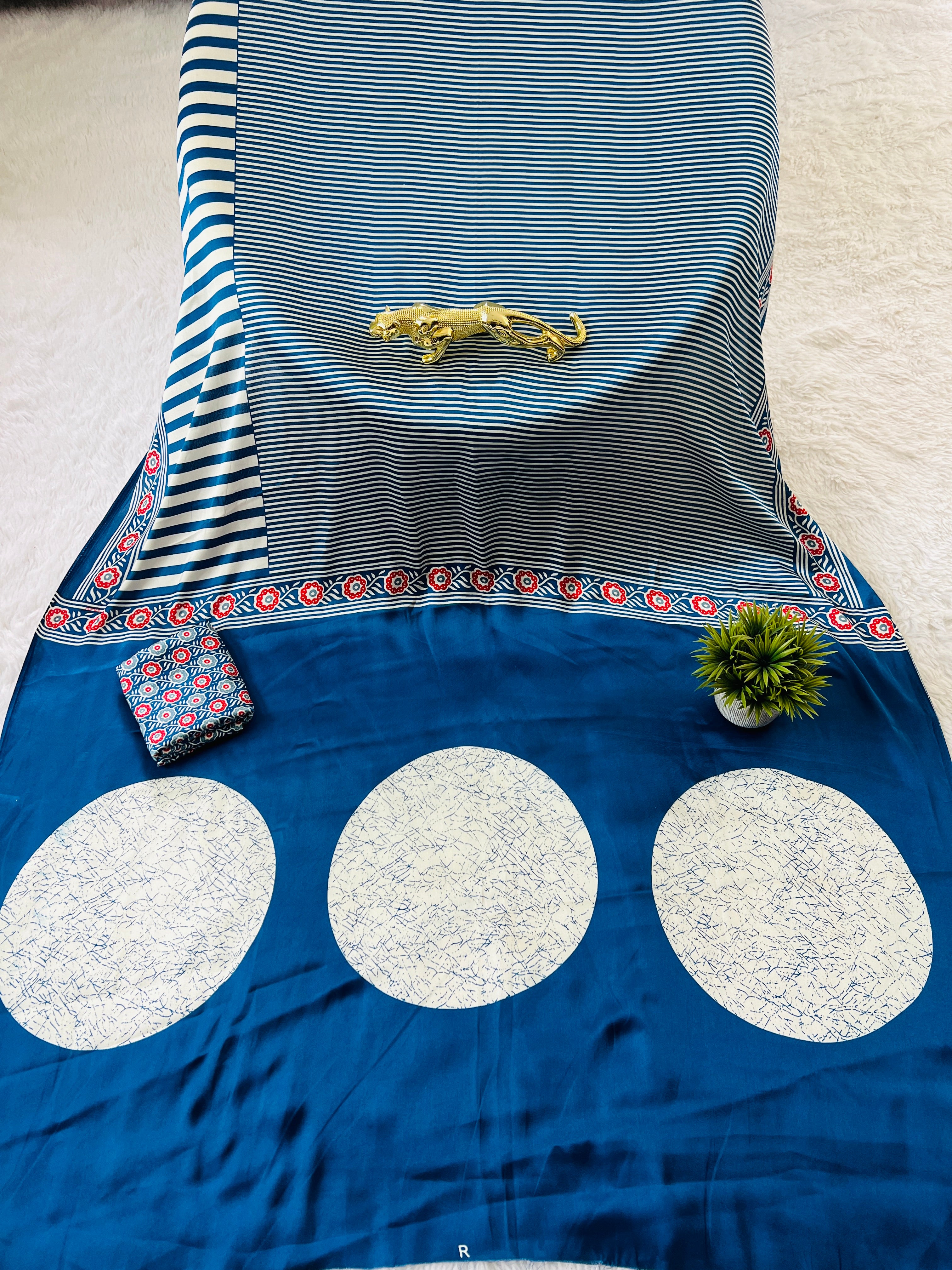 Blue Designer Saree with Stripes and Bold Circular Print Border