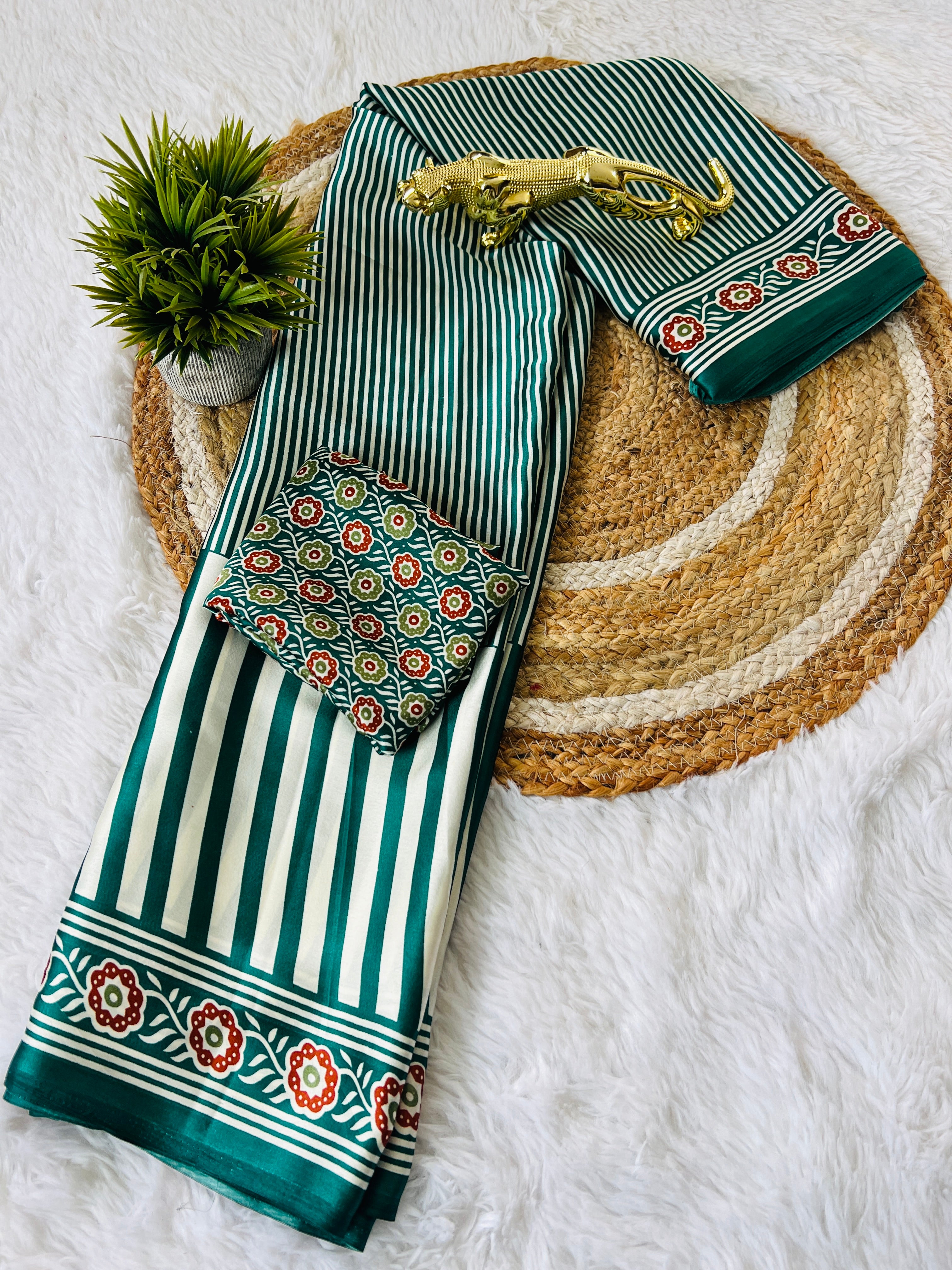 Green Designer Saree with Stripes and Bold Circular Print Border