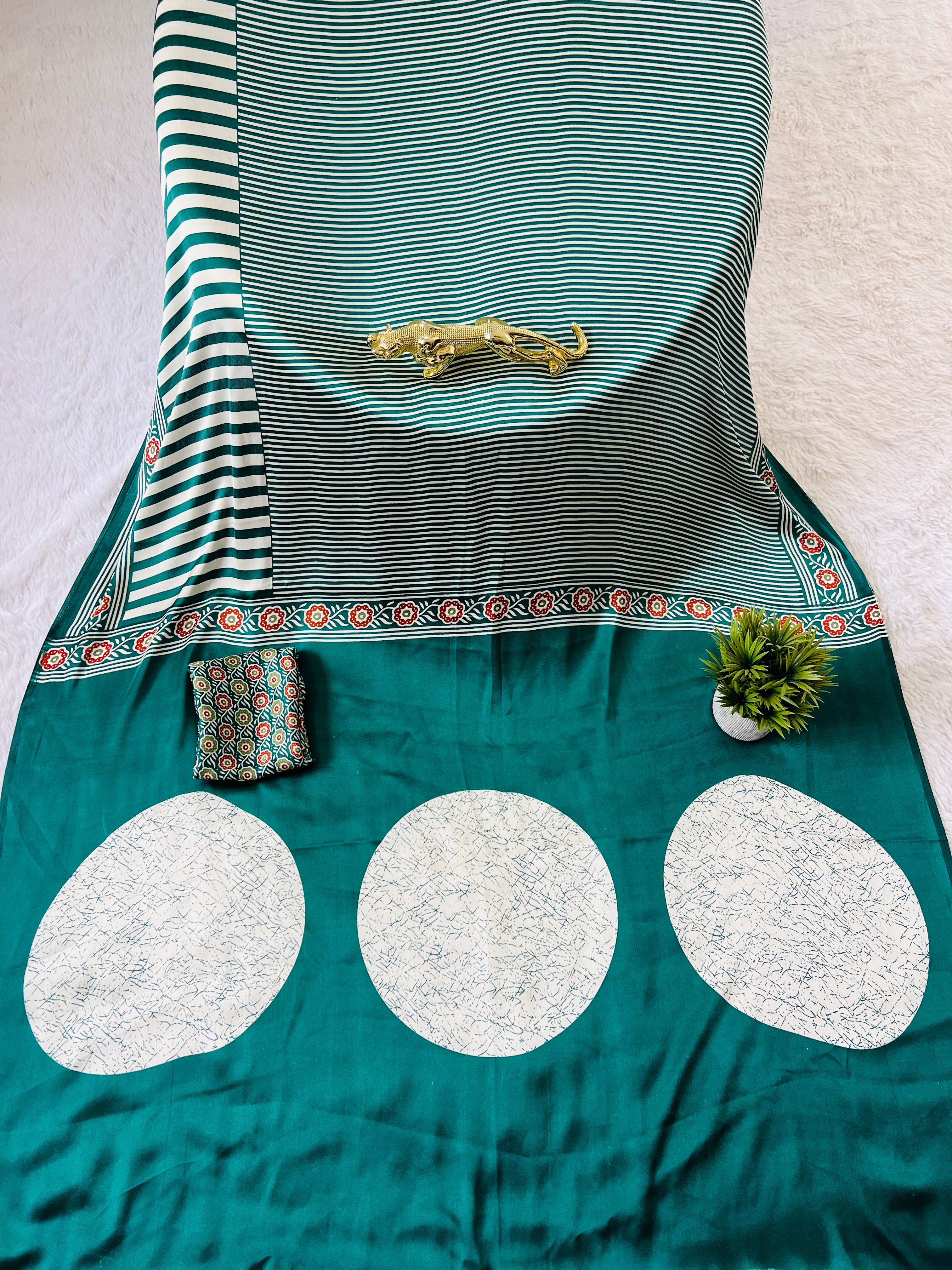 Green Designer Saree with Stripes and Bold Circular Print Border