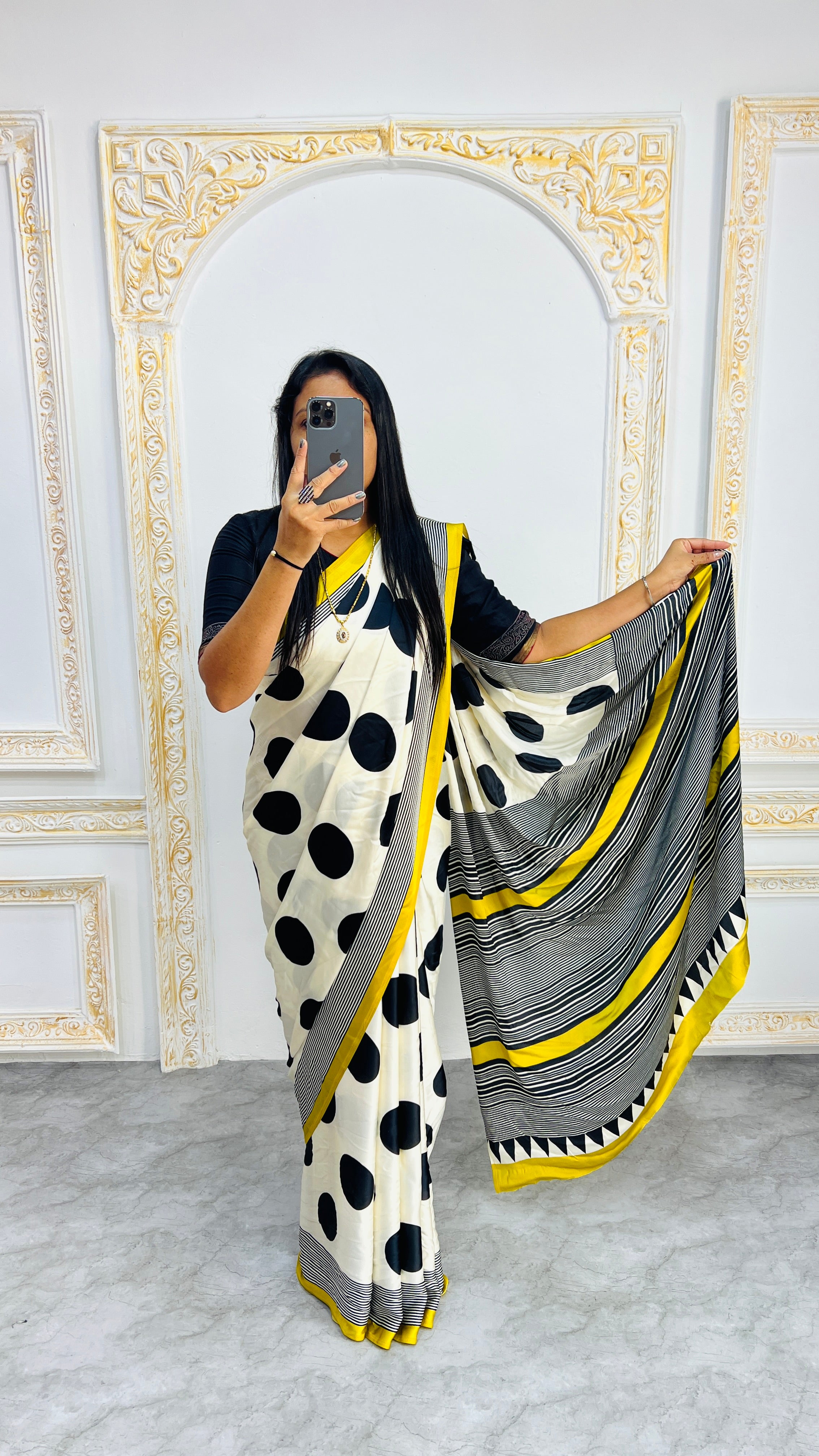 Trendy Polka Print Saree in Monochrome with Vibrant Yellow Edging