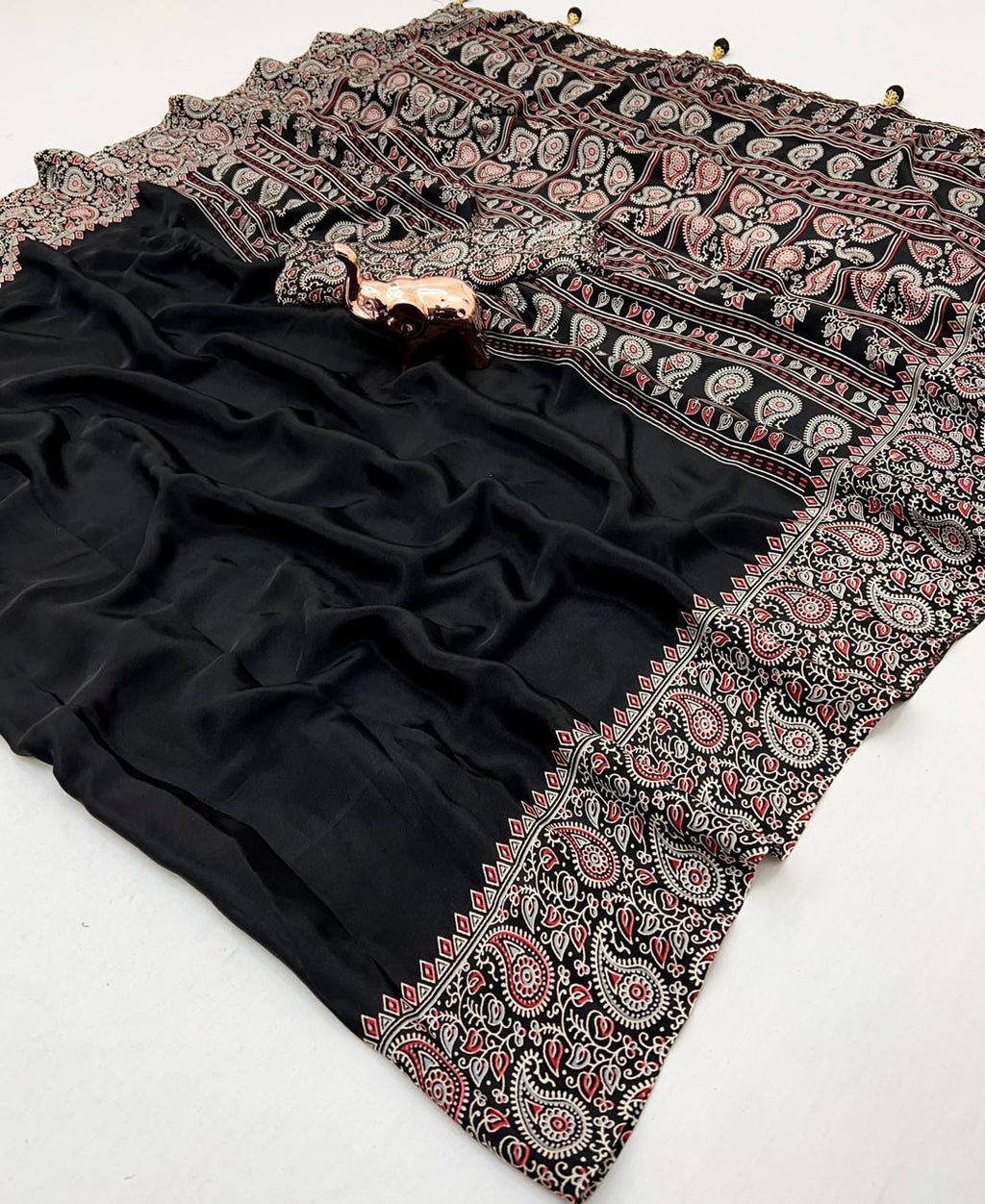 Black Ajrakh Print Saree for Festive & Ethnic Wear
