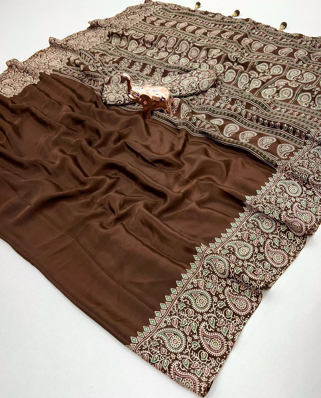 Premium Brown Ajrakh Print Saree – Traditional Ethnic Elegance
