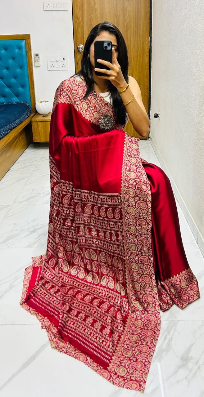 Premium Red Ajrakh Print Saree – Traditional Ethnic Elegance