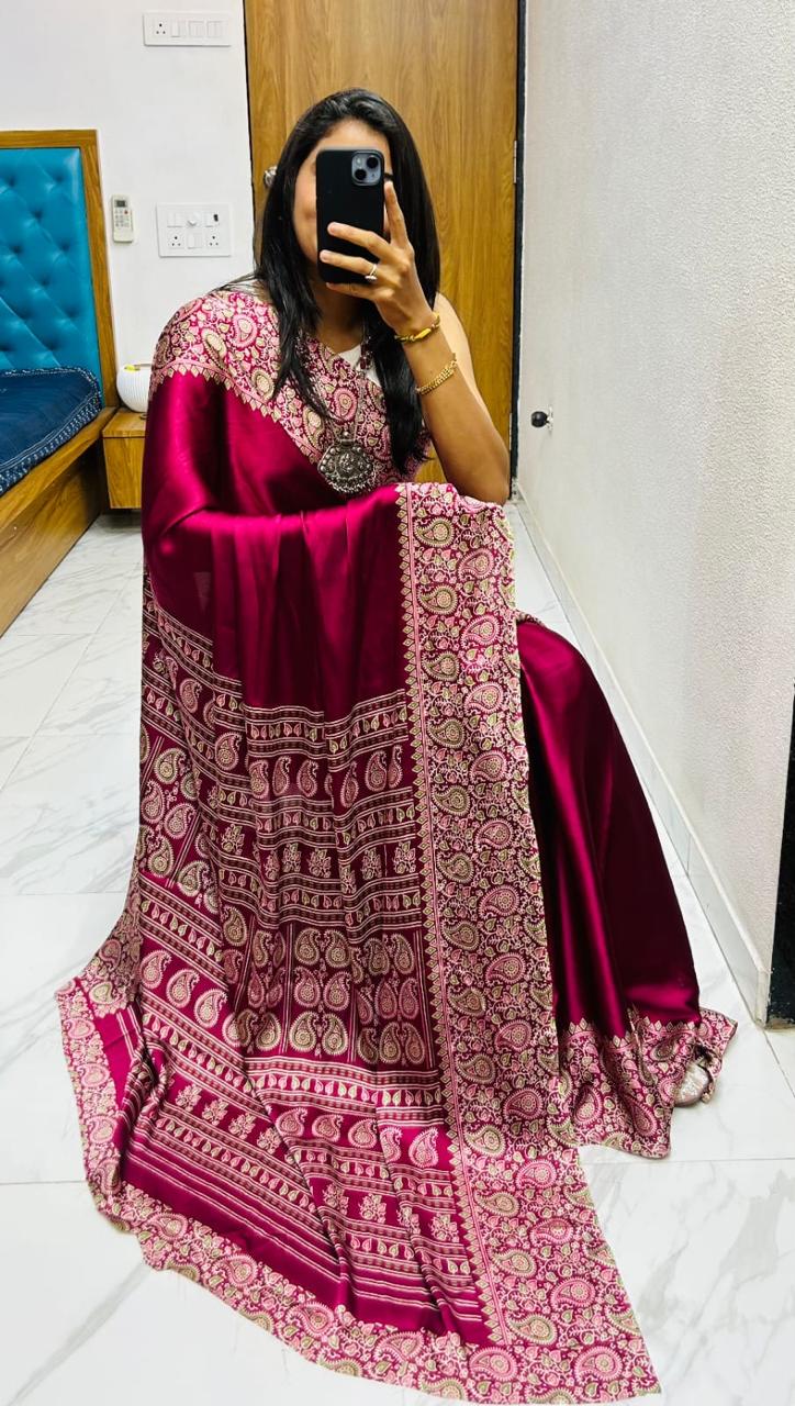 Magenta Pink Ajrakh Print Premium Saree – Festive Ethnic Wear