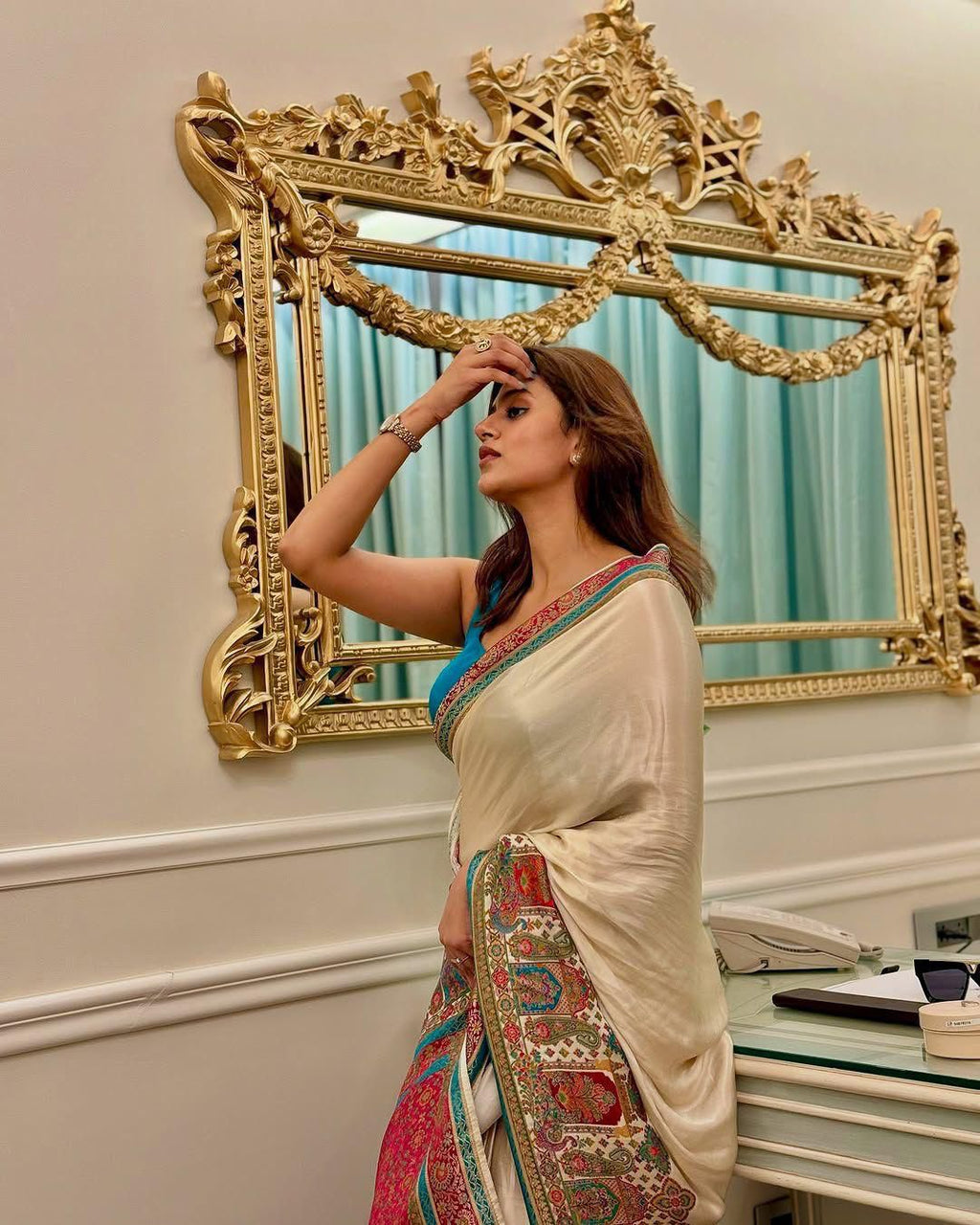 Royal Mughal-Inspired Multicolor Printed Saree - White