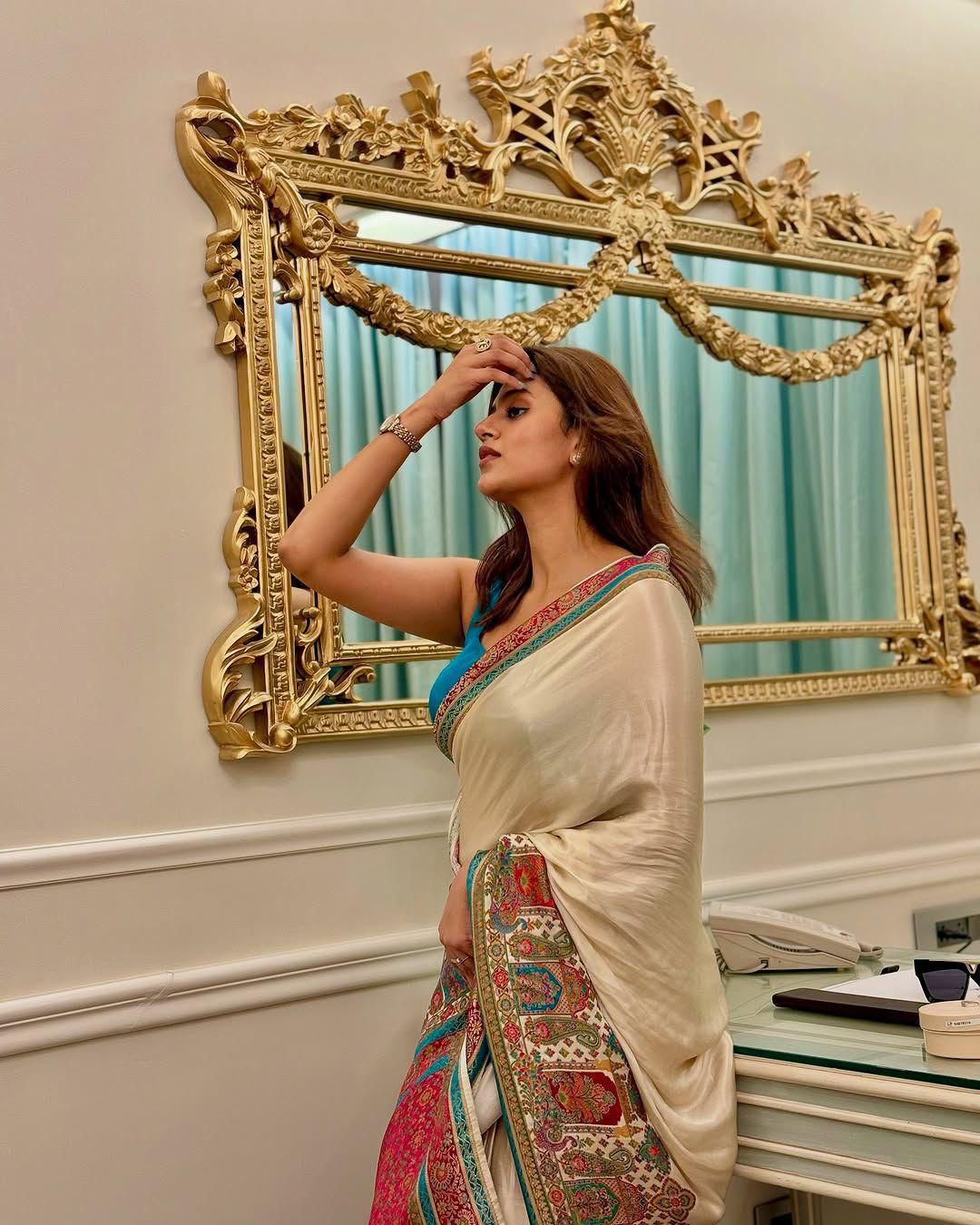 Royal Mughal-Inspired Multicolor Printed Saree - White